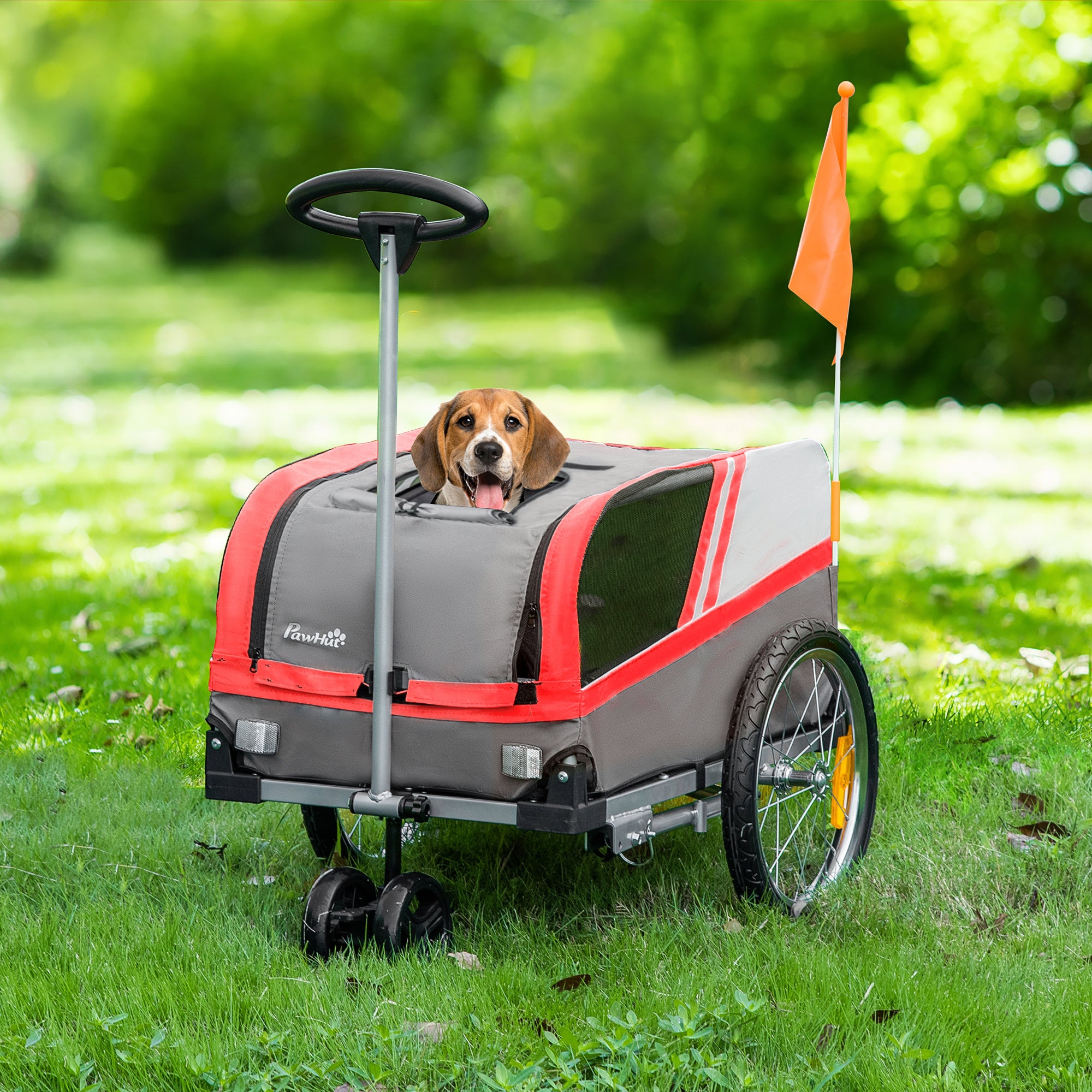 PawHut Dog Bike Trailer 2-in-1 Trolley Stroller Cart Bicycle Carrier for Cat Puppy Travel w/ Reflectors Hitch Coupler Red Flag – Red