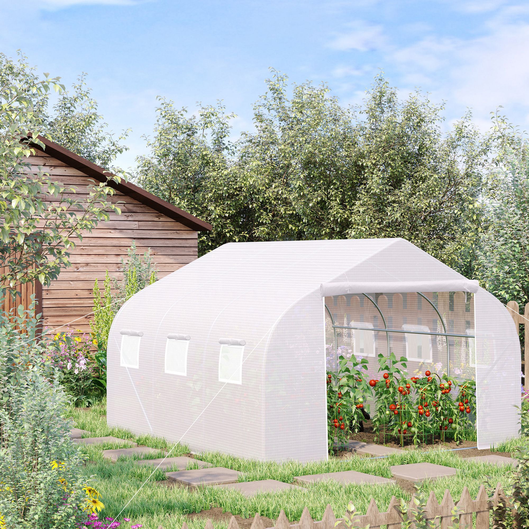 Outsunny 14.5' x 10' x 6.6' Portable Walk-In Tunnel Greenhouse, Garden Plant Growing Warm House, Outdoor Seed Flower Vegetable Growth Tent, White