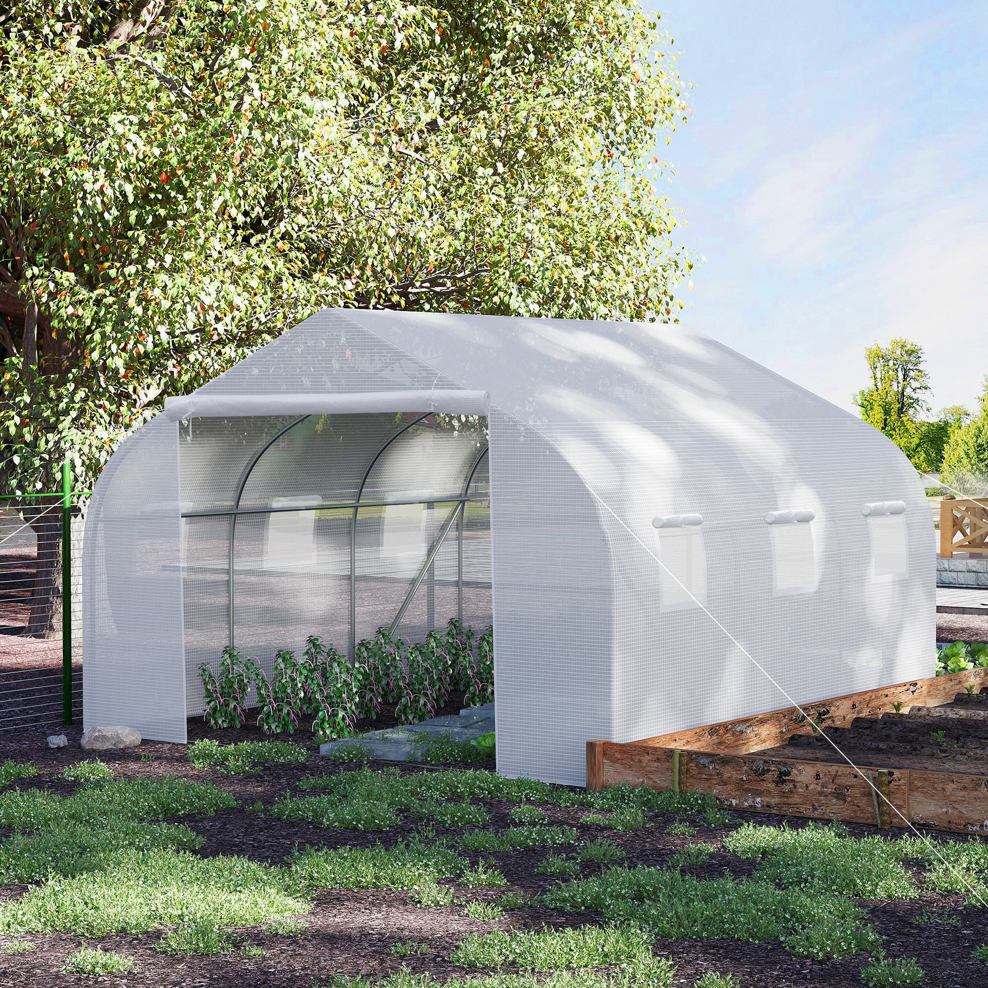 Outsunny 14.5' x 10' x 6.6' Portable Walk-In Tunnel Greenhouse, Garden Plant Growing Warm House, Outdoor Seed Flower Vegetable Growth Tent, White