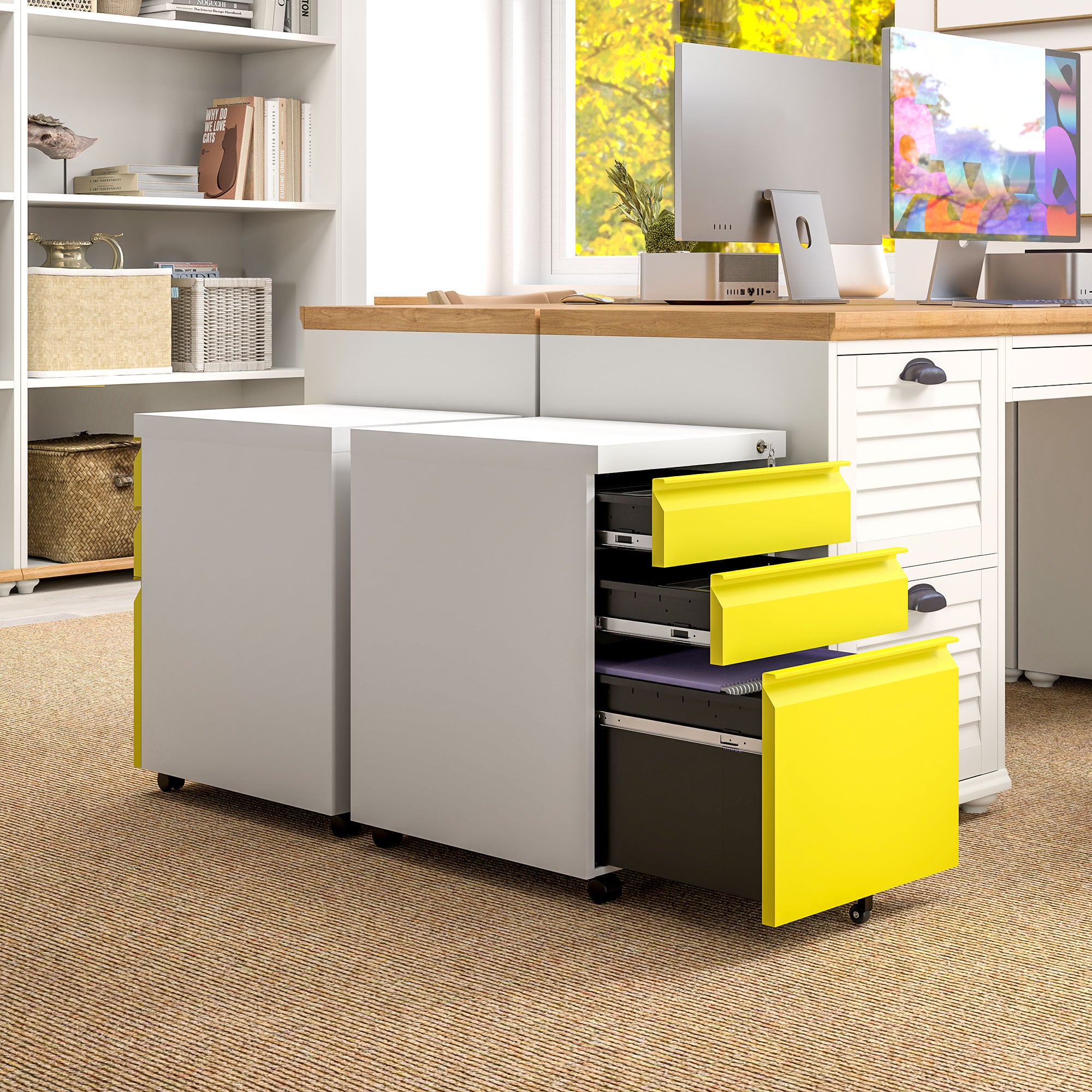 Vinsetto Metal Filing Cabinet with 3 Drawers, Vertical File Cabinet with Lock, Mobile Office Cabinet with Wheels for Legal, Letter, A4 Files, Yellow