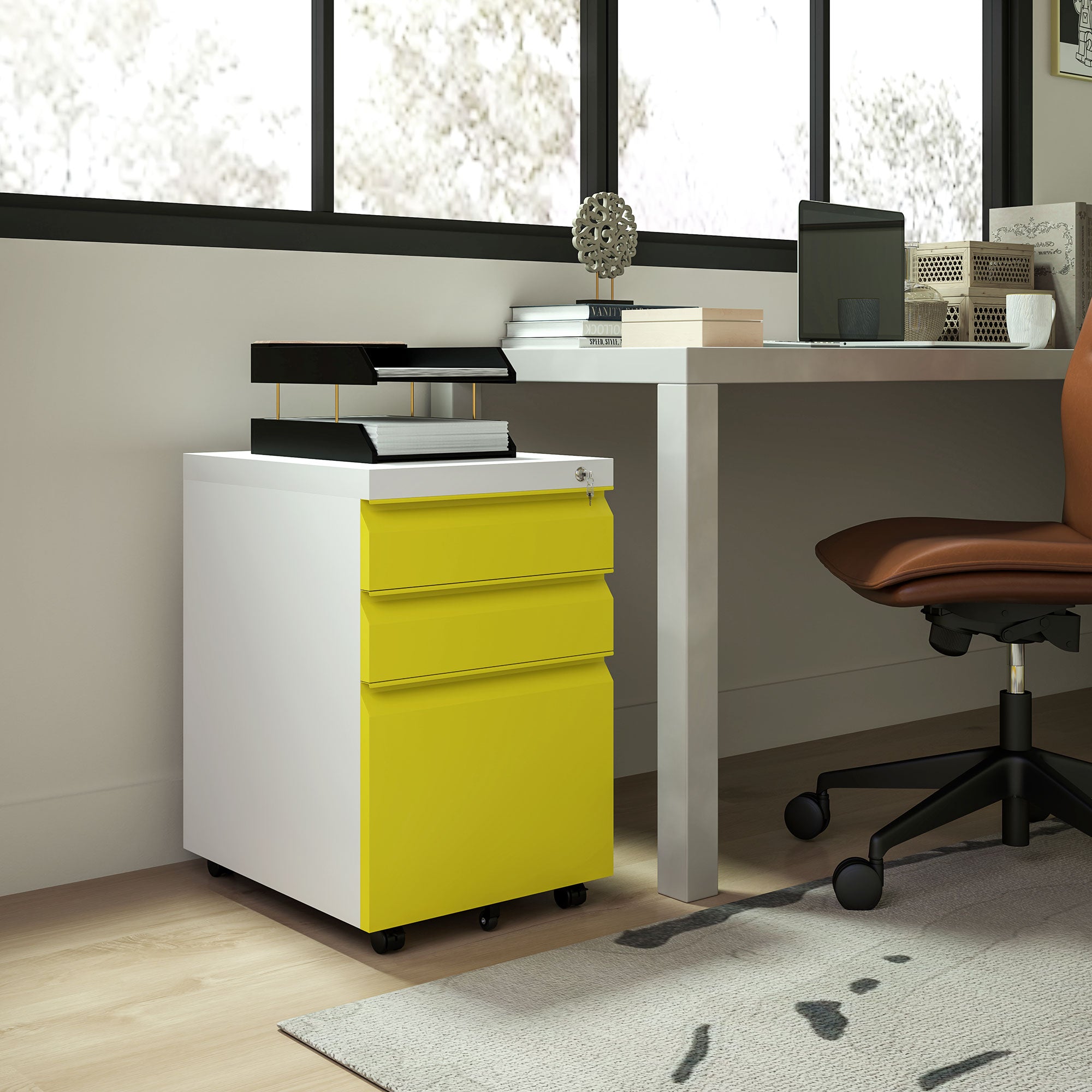 Vinsetto Metal Filing Cabinet with 3 Drawers, Vertical File Cabinet with Lock, Mobile Office Cabinet with Wheels for Legal, Letter, A4 Files, Yellow