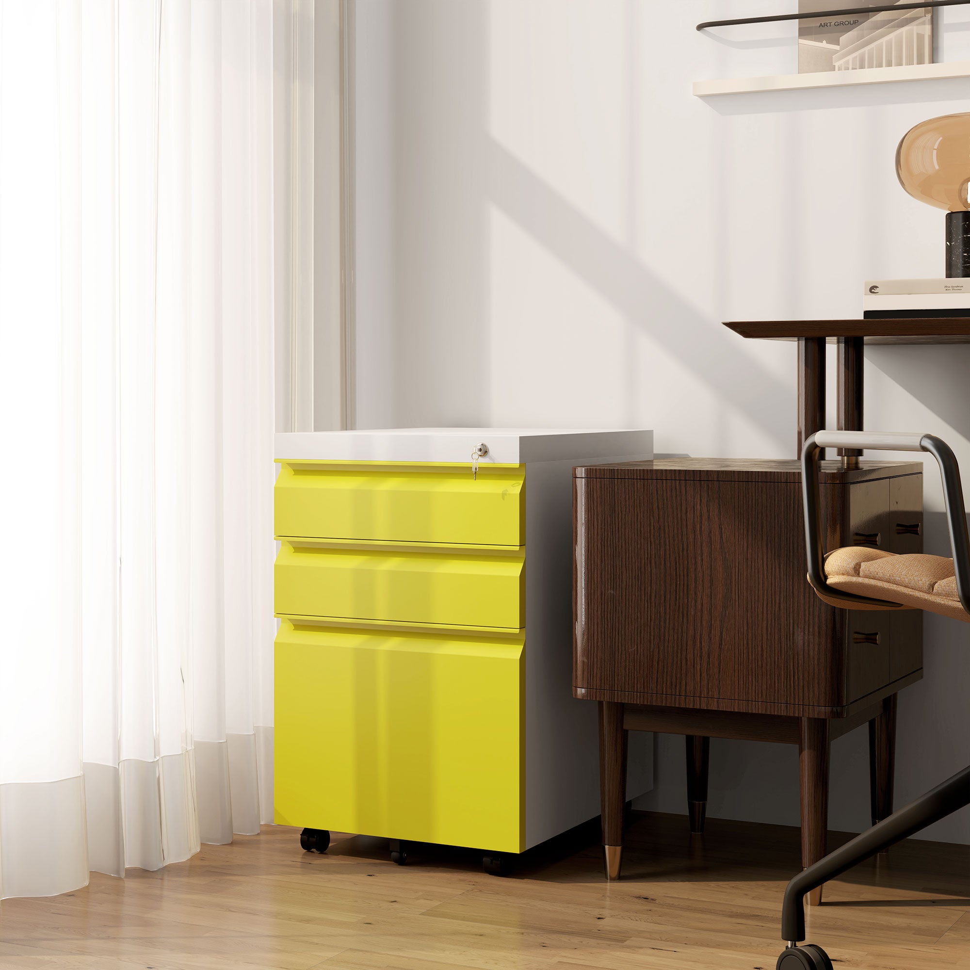 Vinsetto Metal Filing Cabinet with 3 Drawers, Vertical File Cabinet with Lock, Mobile Office Cabinet with Wheels for Legal, Letter, A4 Files, Yellow