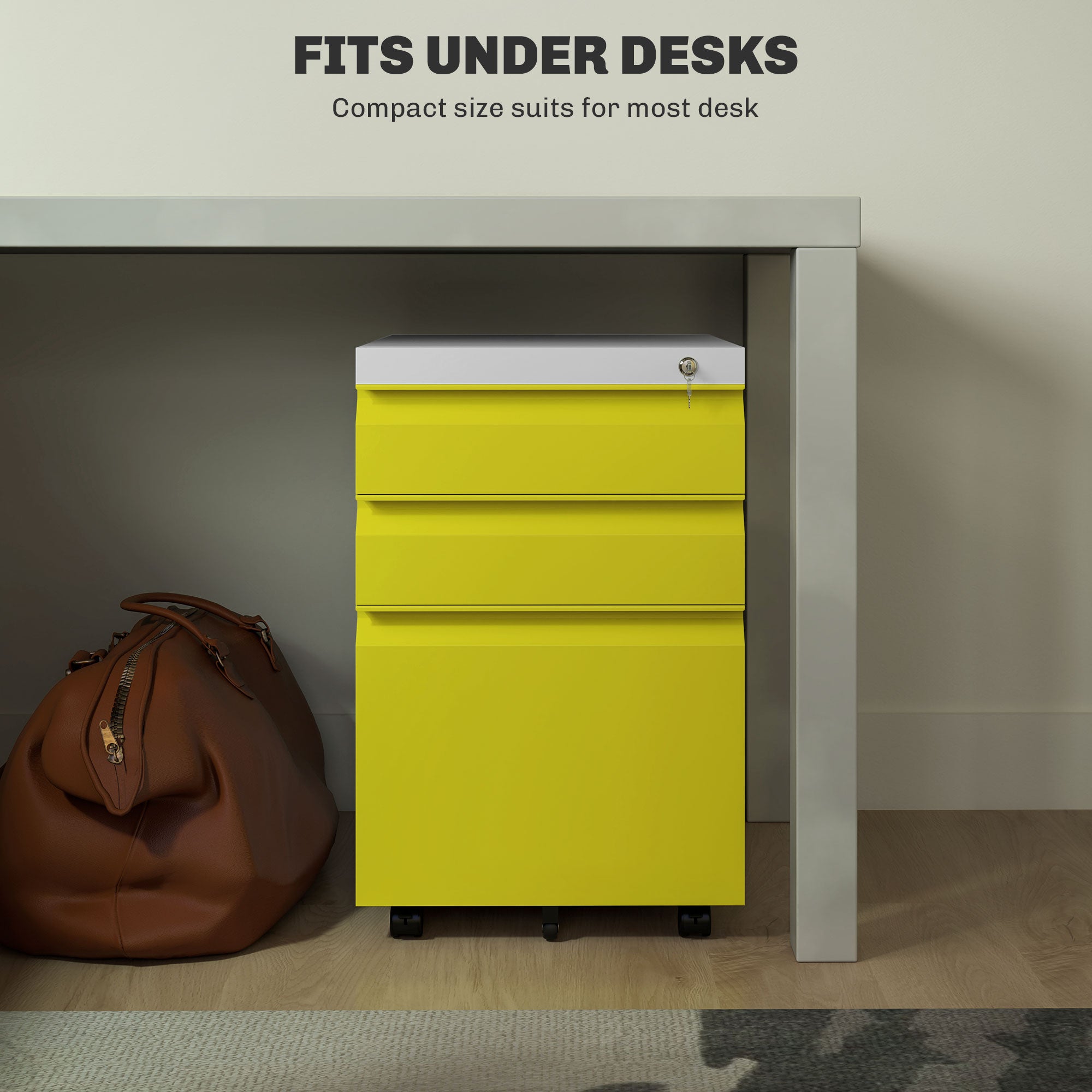 Vinsetto Metal Filing Cabinet with 3 Drawers, Vertical File Cabinet with Lock, Mobile Office Cabinet with Wheels for Legal, Letter, A4 Files, Yellow