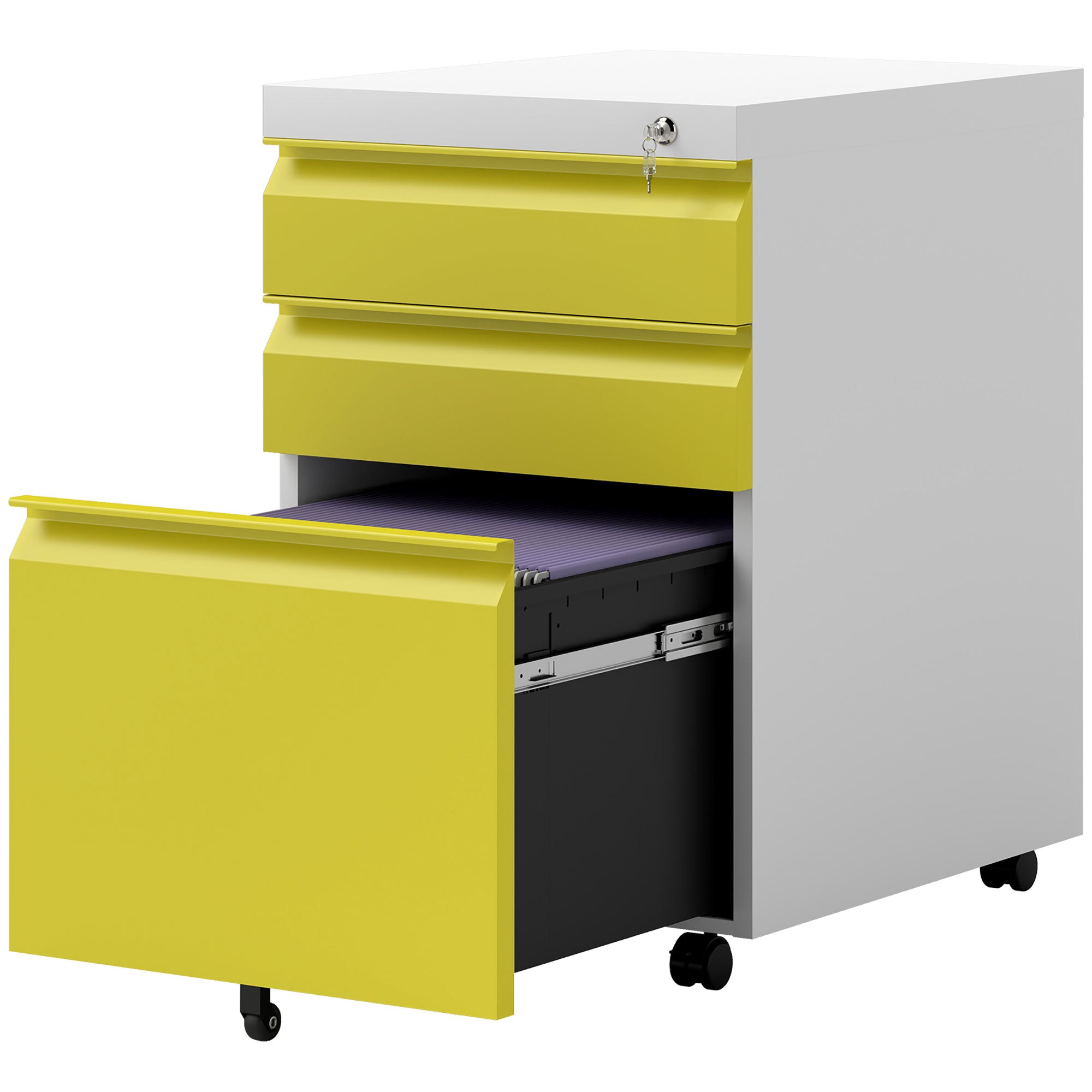 Vinsetto Metal Filing Cabinet with 3 Drawers, Vertical File Cabinet with Lock, Mobile Office Cabinet with Wheels for Legal, Letter, A4 Files, Yellow