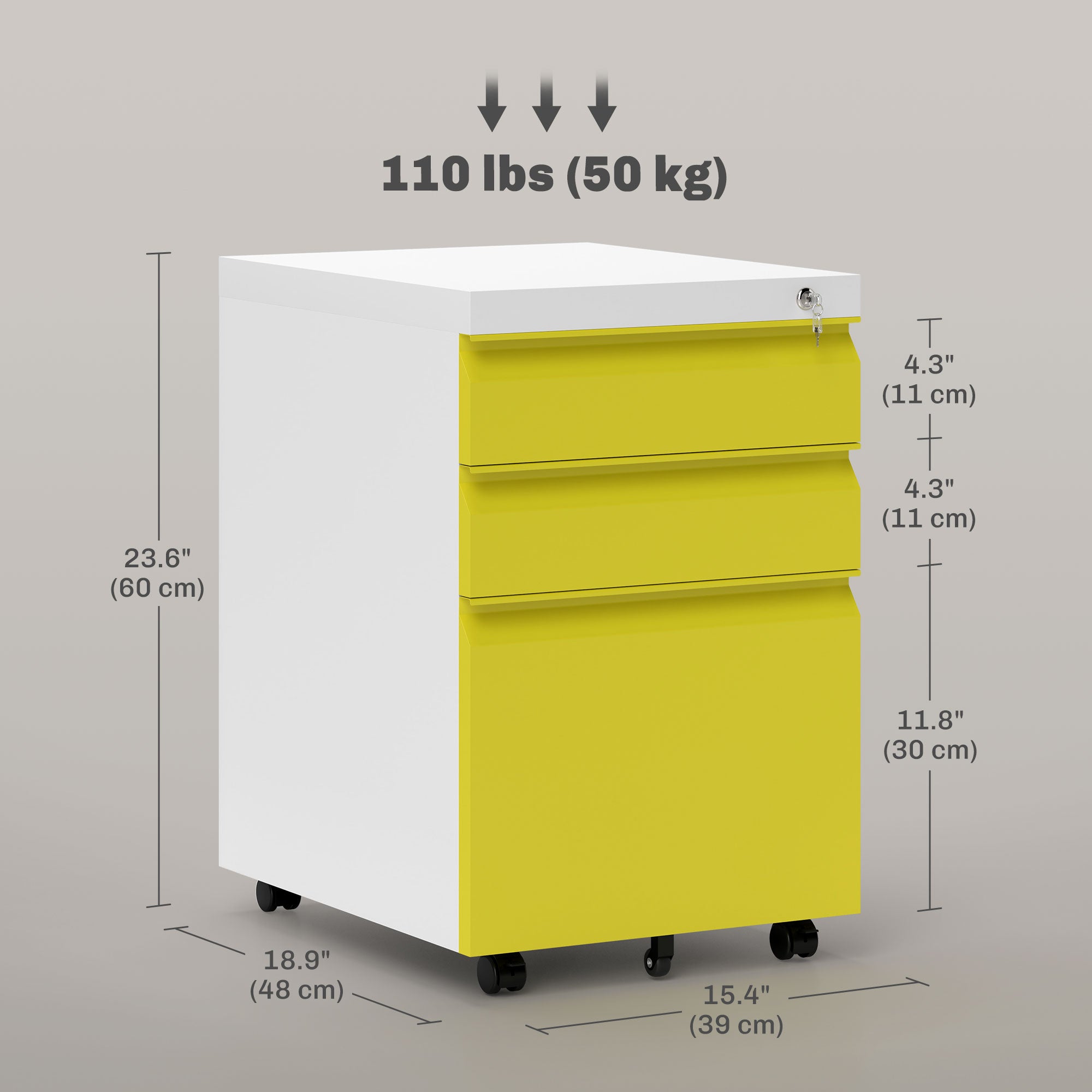 Vinsetto Metal Filing Cabinet with 3 Drawers, Vertical File Cabinet with Lock, Mobile Office Cabinet with Wheels for Legal, Letter, A4 Files, Yellow