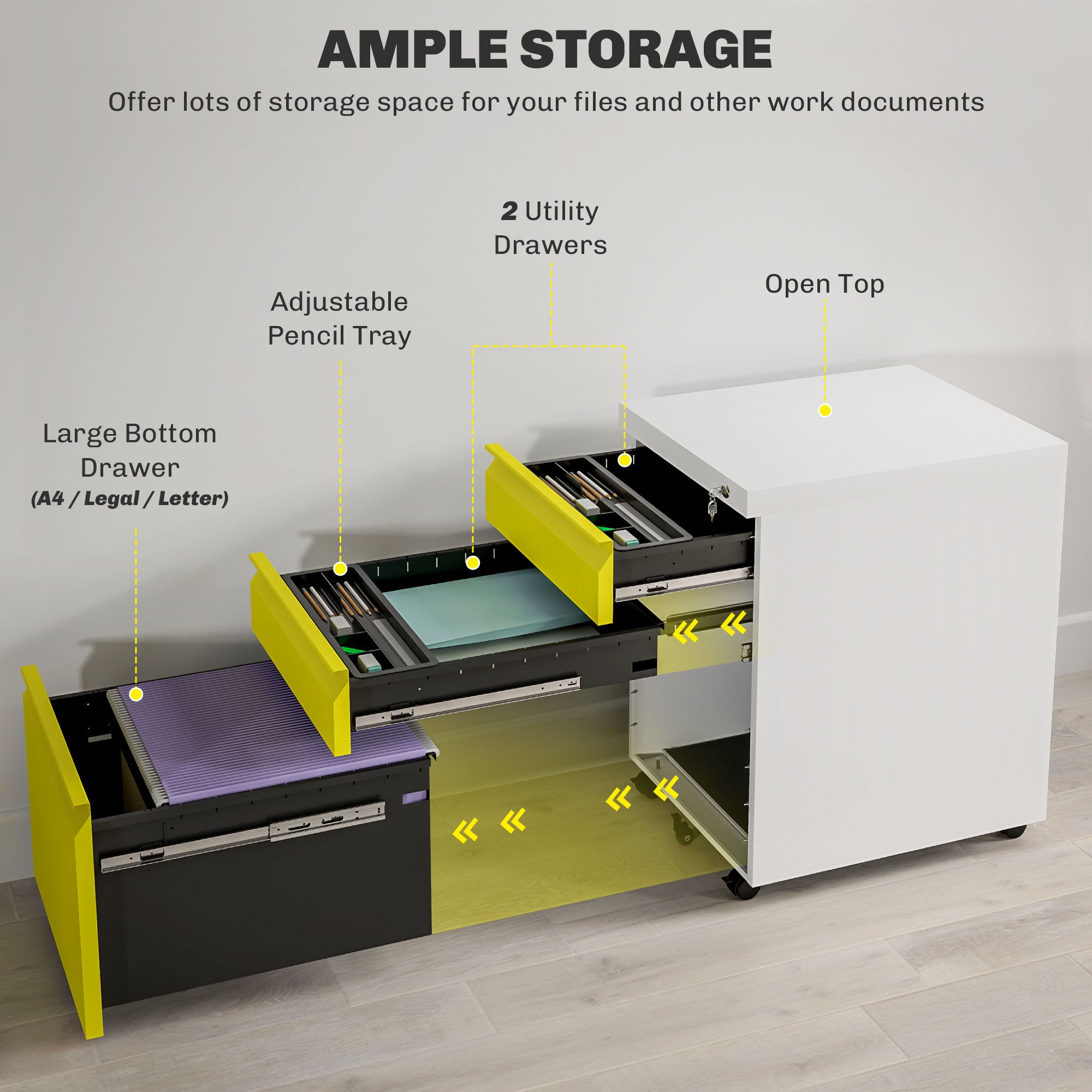 Vinsetto Metal Filing Cabinet with 3 Drawers, Vertical File Cabinet with Lock, Mobile Office Cabinet with Wheels for Legal, Letter, A4 Files, Yellow