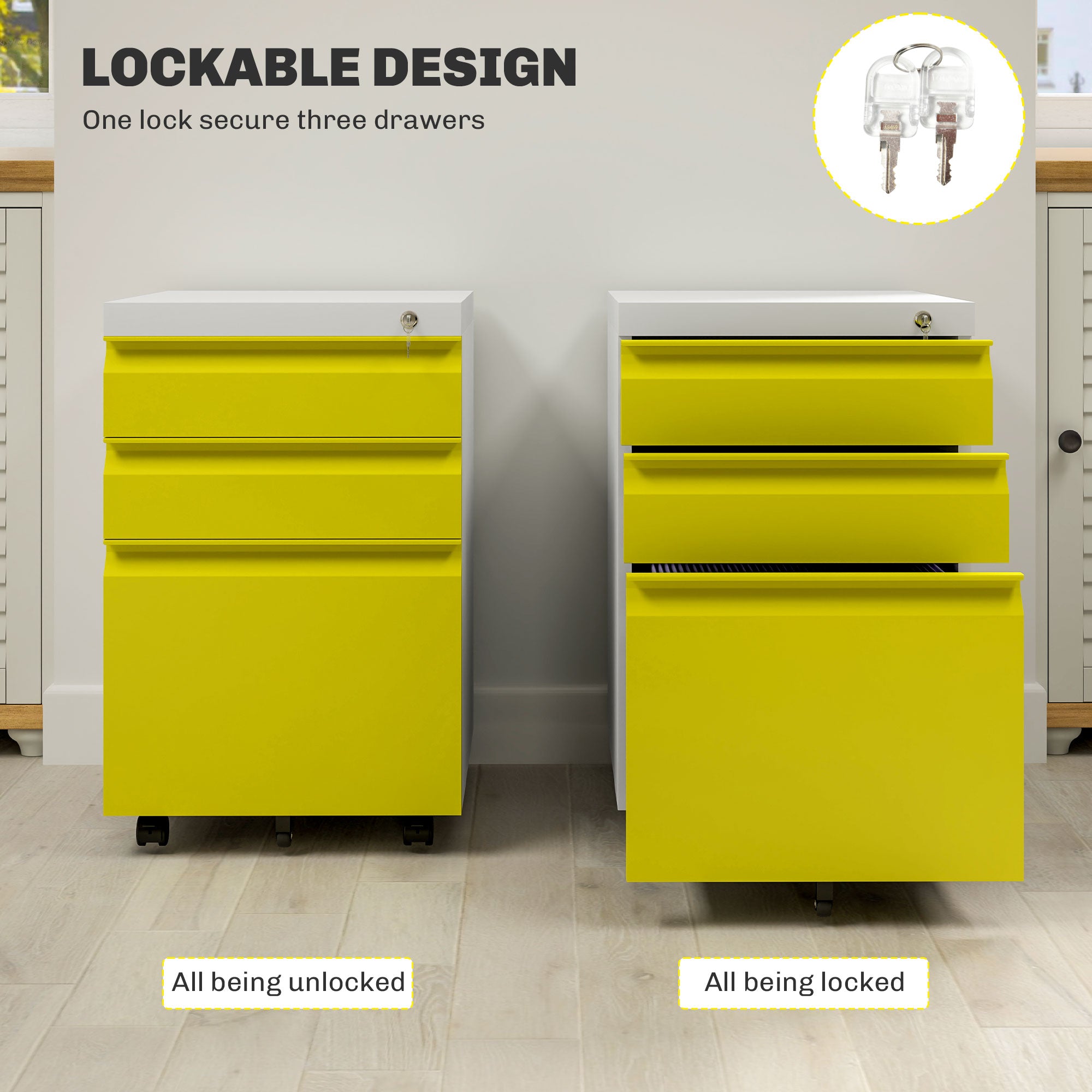 Vinsetto Metal Filing Cabinet with 3 Drawers, Vertical File Cabinet with Lock, Mobile Office Cabinet with Wheels for Legal, Letter, A4 Files, Yellow