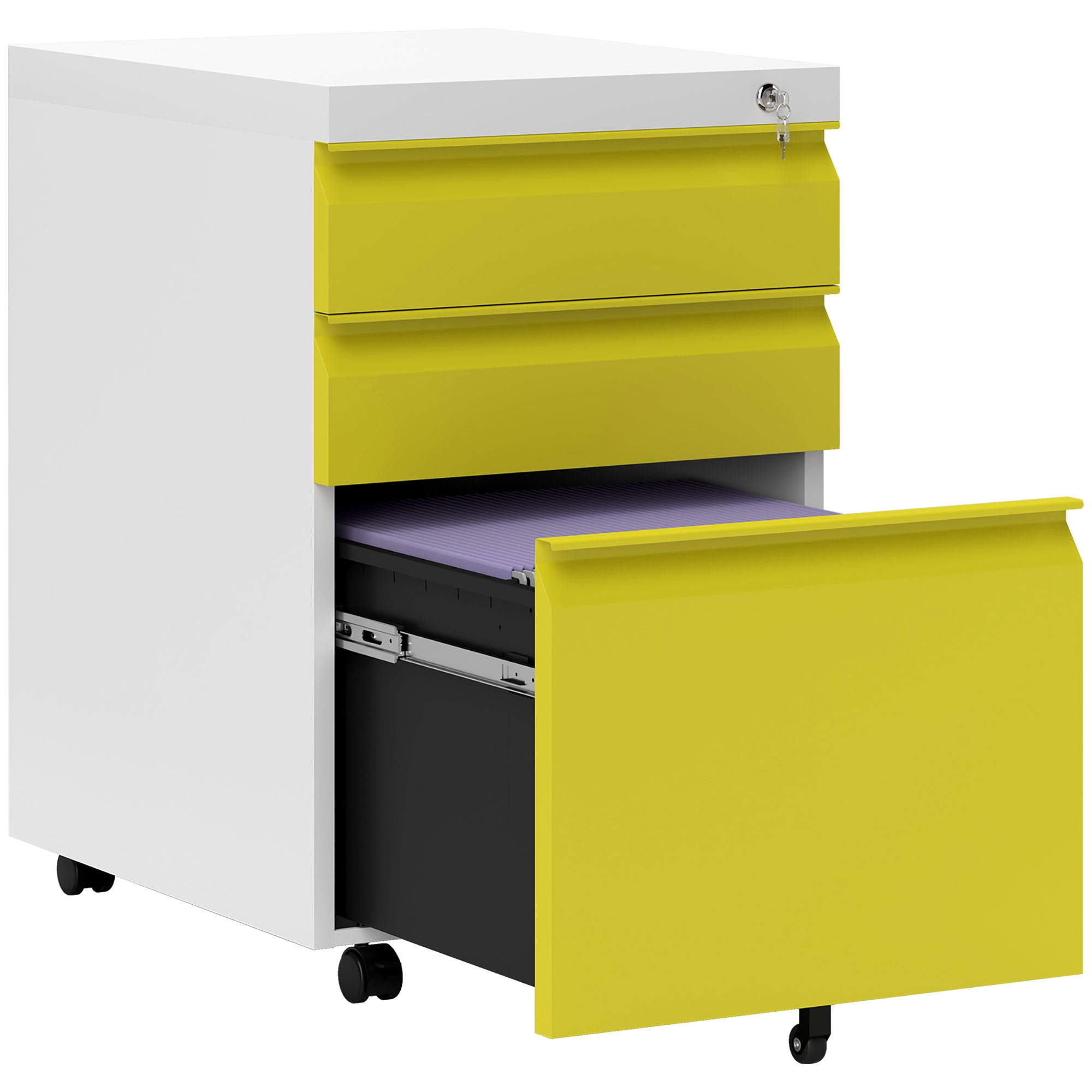 Vinsetto Metal Filing Cabinet with 3 Drawers, Vertical File Cabinet with Lock, Mobile Office Cabinet with Wheels for Legal, Letter, A4 Files, Yellow