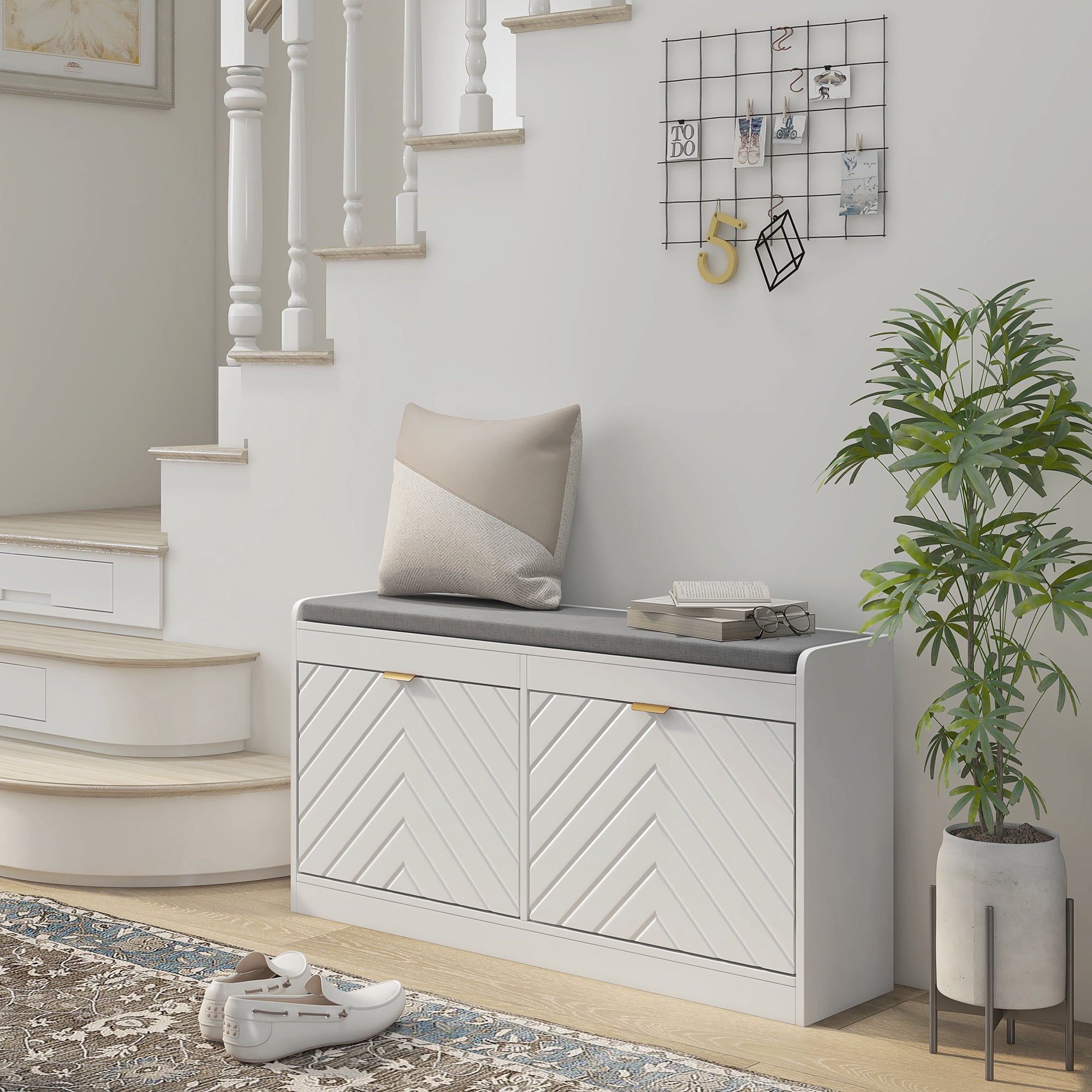 HOMCOM Shoe Bench, Entryway Bench with 2 Flip Drawers, Seating Cushion and 4 Vents for 8 Pairs of Shoes for Hallway, White