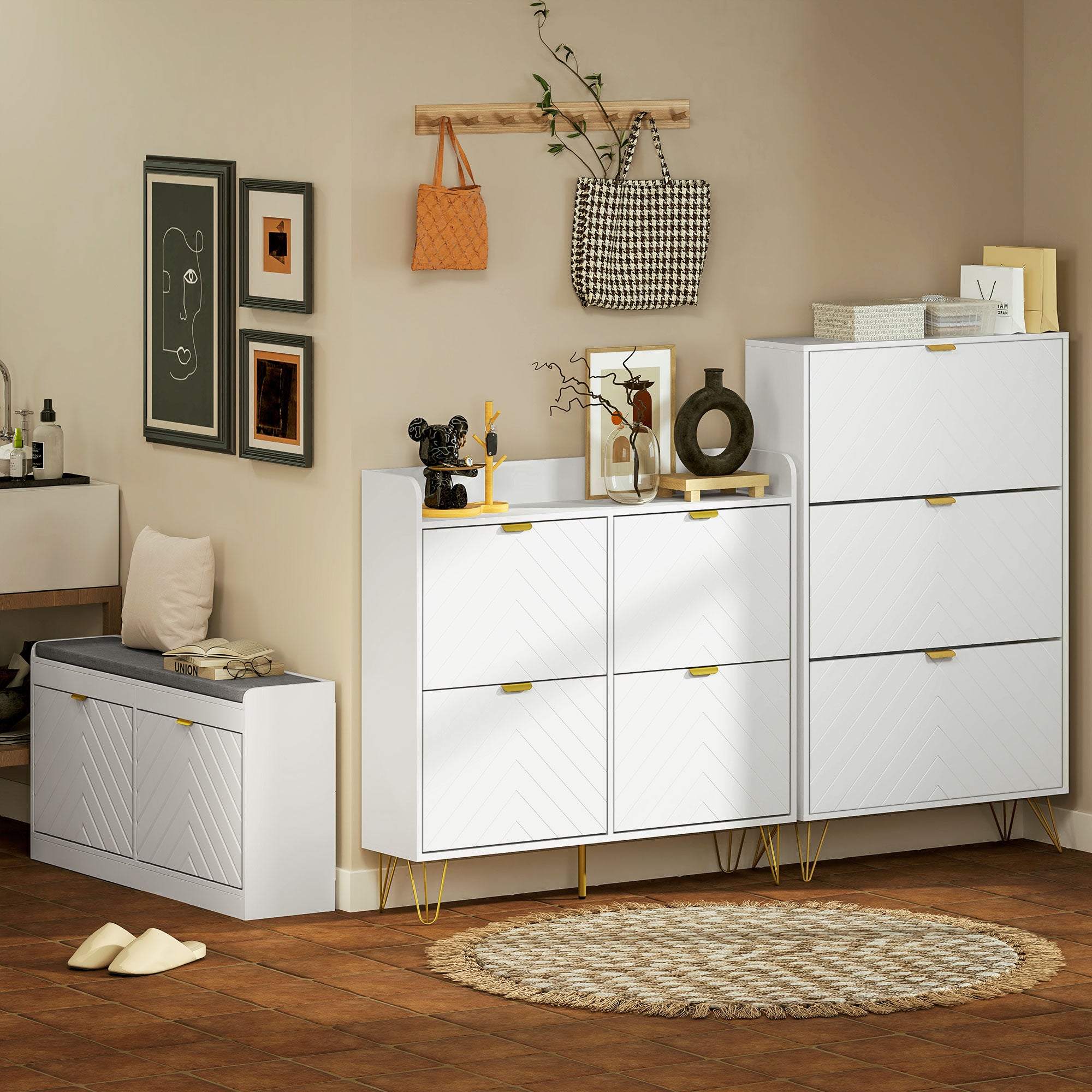 HOMCOM Shoe Bench, Entryway Bench with 2 Flip Drawers, Seating Cushion and 4 Vents for 8 Pairs of Shoes for Hallway, White