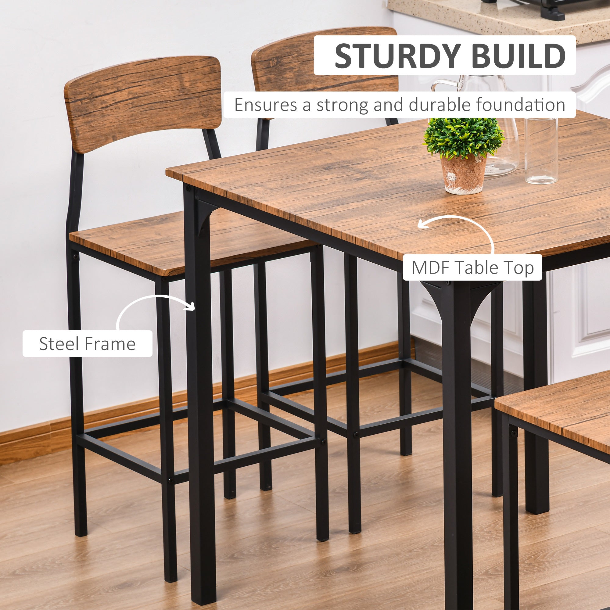 HOMCOM 5-Piece Counter Height Bar Table Set, Industrial Dining Table Set for 4, Space Saving Square Kitchen Table and Chairs Set with Footrest, Metal Legs, Walnut
