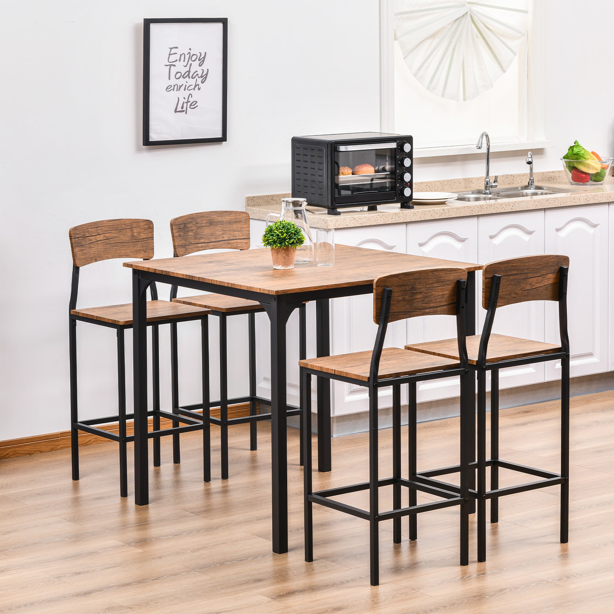 HOMCOM 5-Piece Counter Height Bar Table Set, Industrial Dining Table Set for 4, Space Saving Square Kitchen Table and Chairs Set with Footrest, Metal Legs, Walnut