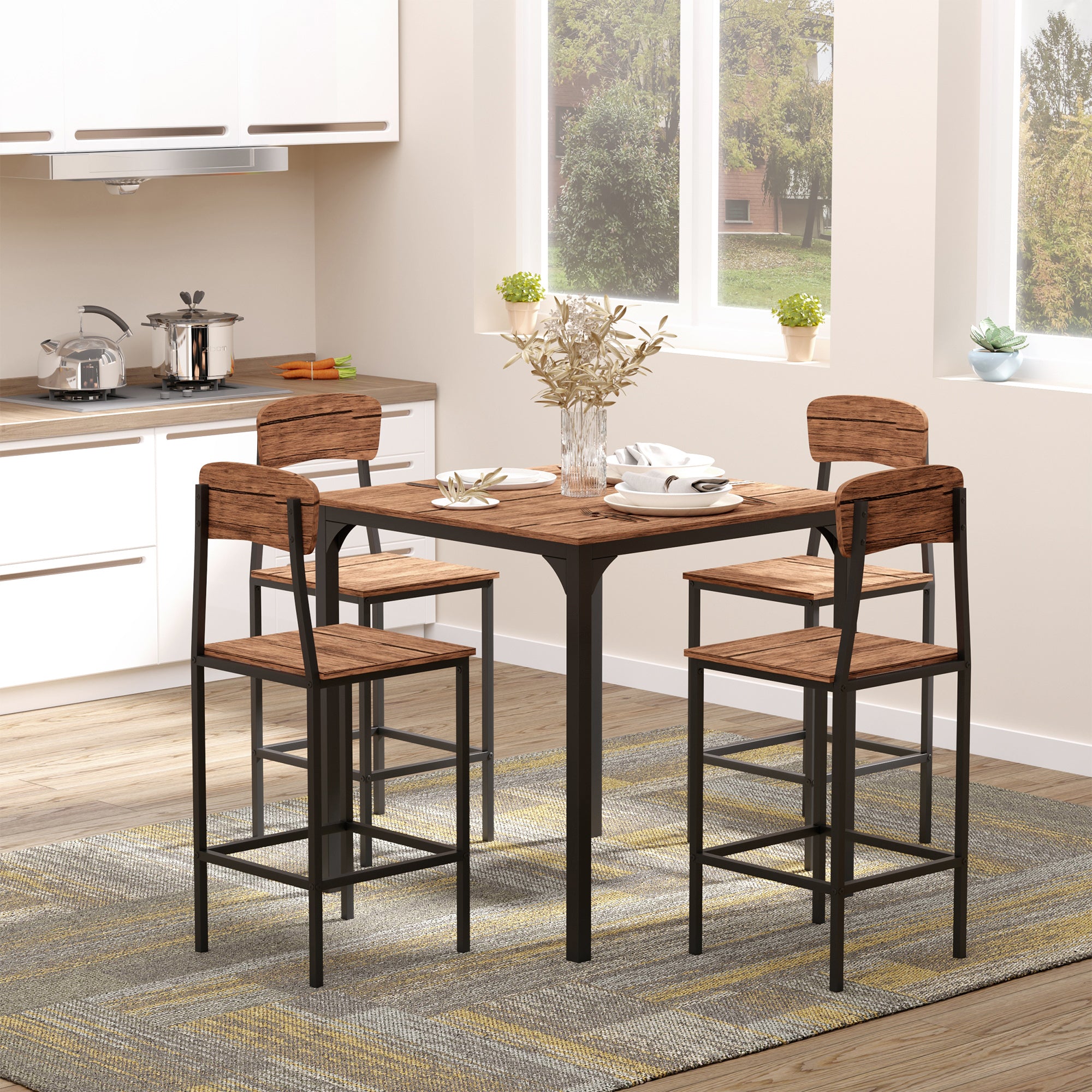 HOMCOM 5-Piece Counter Height Bar Table Set, Industrial Dining Table Set for 4, Space Saving Square Kitchen Table and Chairs Set with Footrest, Metal Legs, Walnut