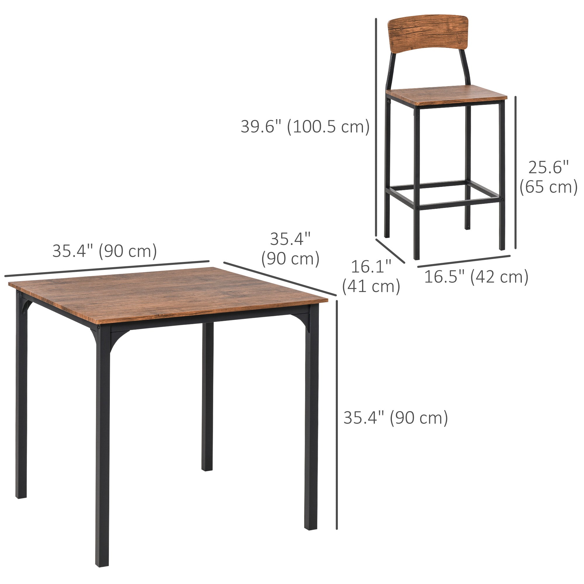 HOMCOM 5-Piece Counter Height Bar Table Set, Industrial Dining Table Set for 4, Space Saving Square Kitchen Table and Chairs Set with Footrest, Metal Legs, Walnut