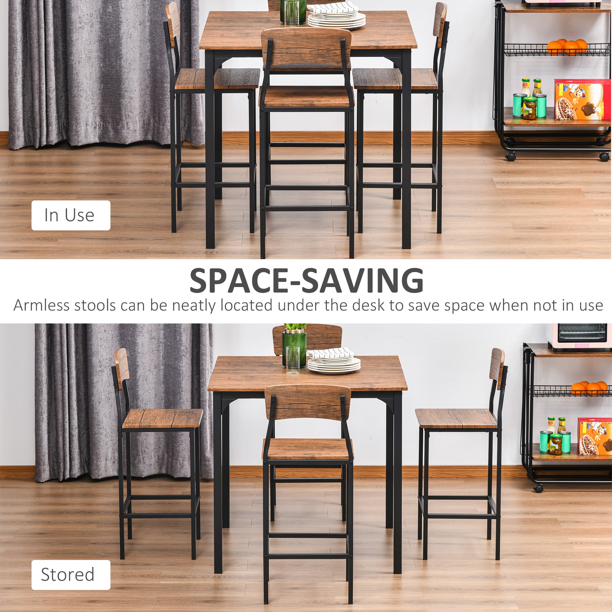 HOMCOM 5-Piece Counter Height Bar Table Set, Industrial Dining Table Set for 4, Space Saving Square Kitchen Table and Chairs Set with Footrest, Metal Legs, Walnut