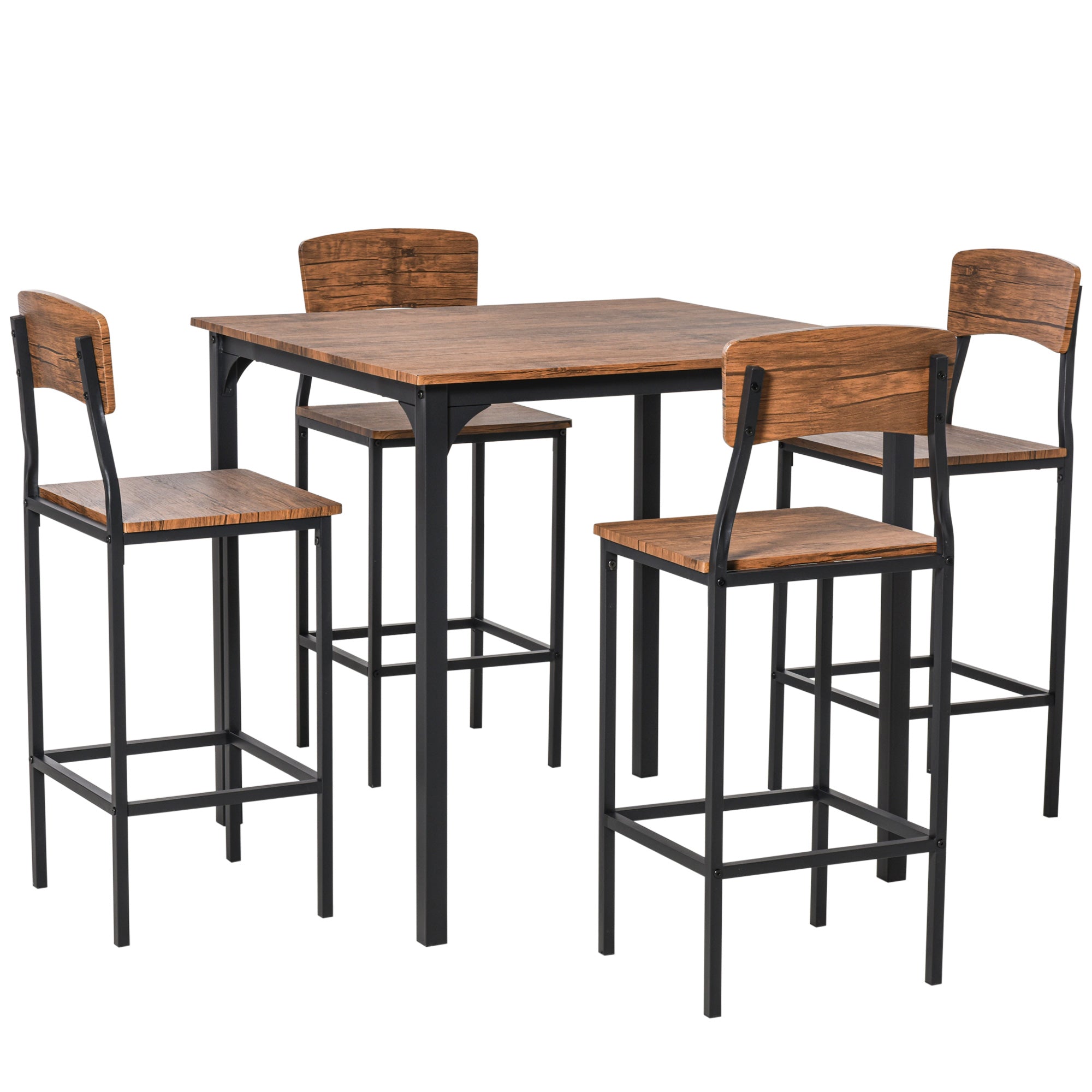 HOMCOM 5-Piece Counter Height Bar Table Set, Industrial Dining Table Set for 4, Space Saving Square Kitchen Table and Chairs Set with Footrest, Metal Legs, Walnut