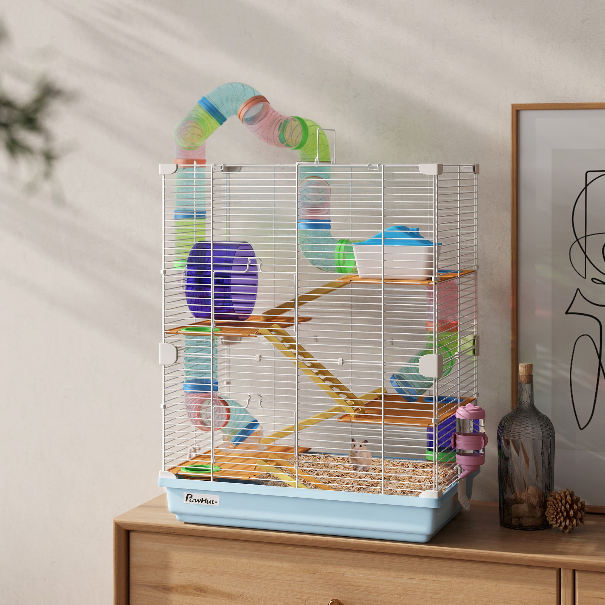 Pawhut 5 Tier Hamster Cage, Gerbil Cage with Tube Exercise Wheels, Tunnel, Water Bottle, Dishes, 58H x 46L x 30Wcm, Light Blue