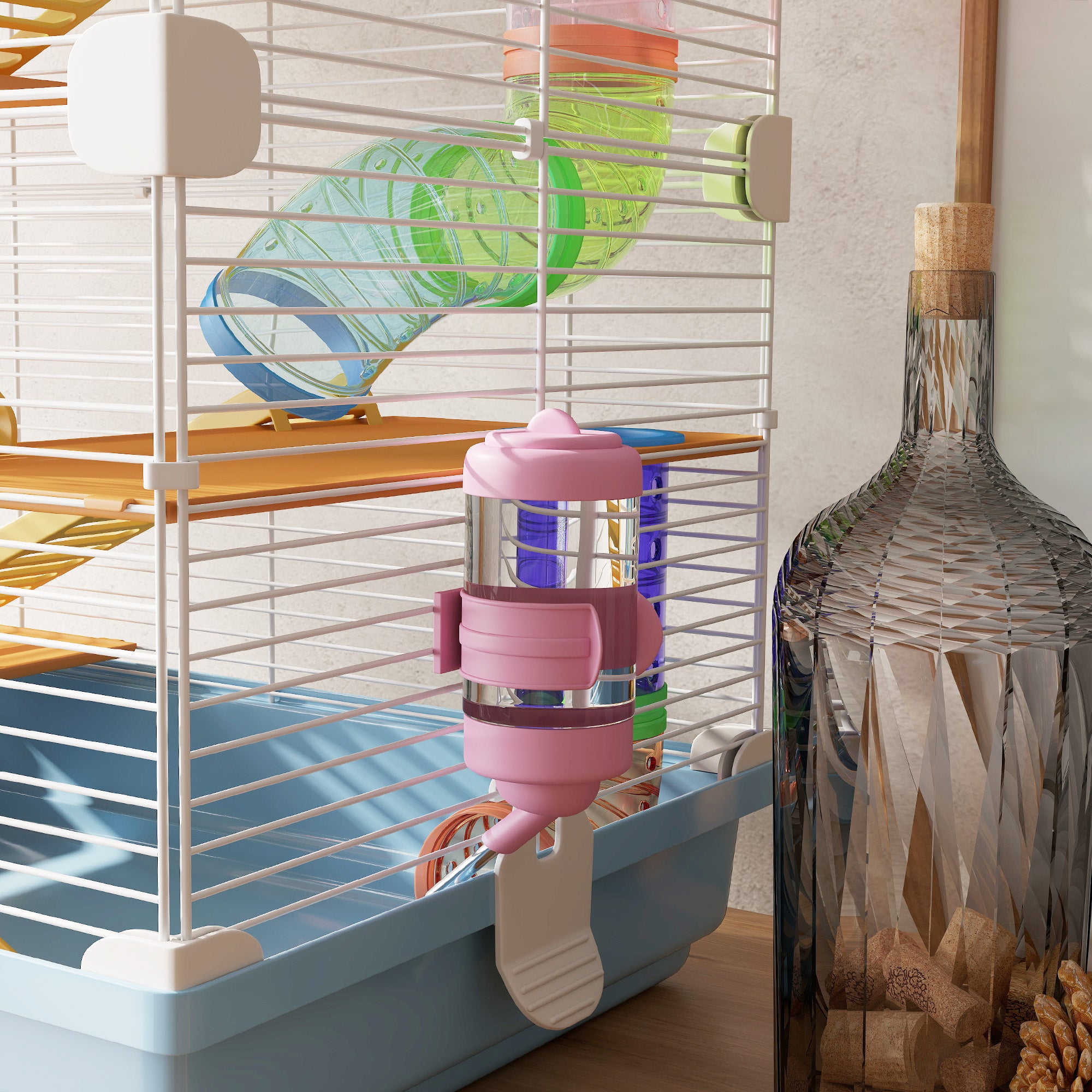 PawHut 5 Tiers Hamster Cage Portable Animal Travel Carrier Habitat with Exercise Wheels Play Tube Water Bottle Dishes House Ladder for Gerbils, Light Blue