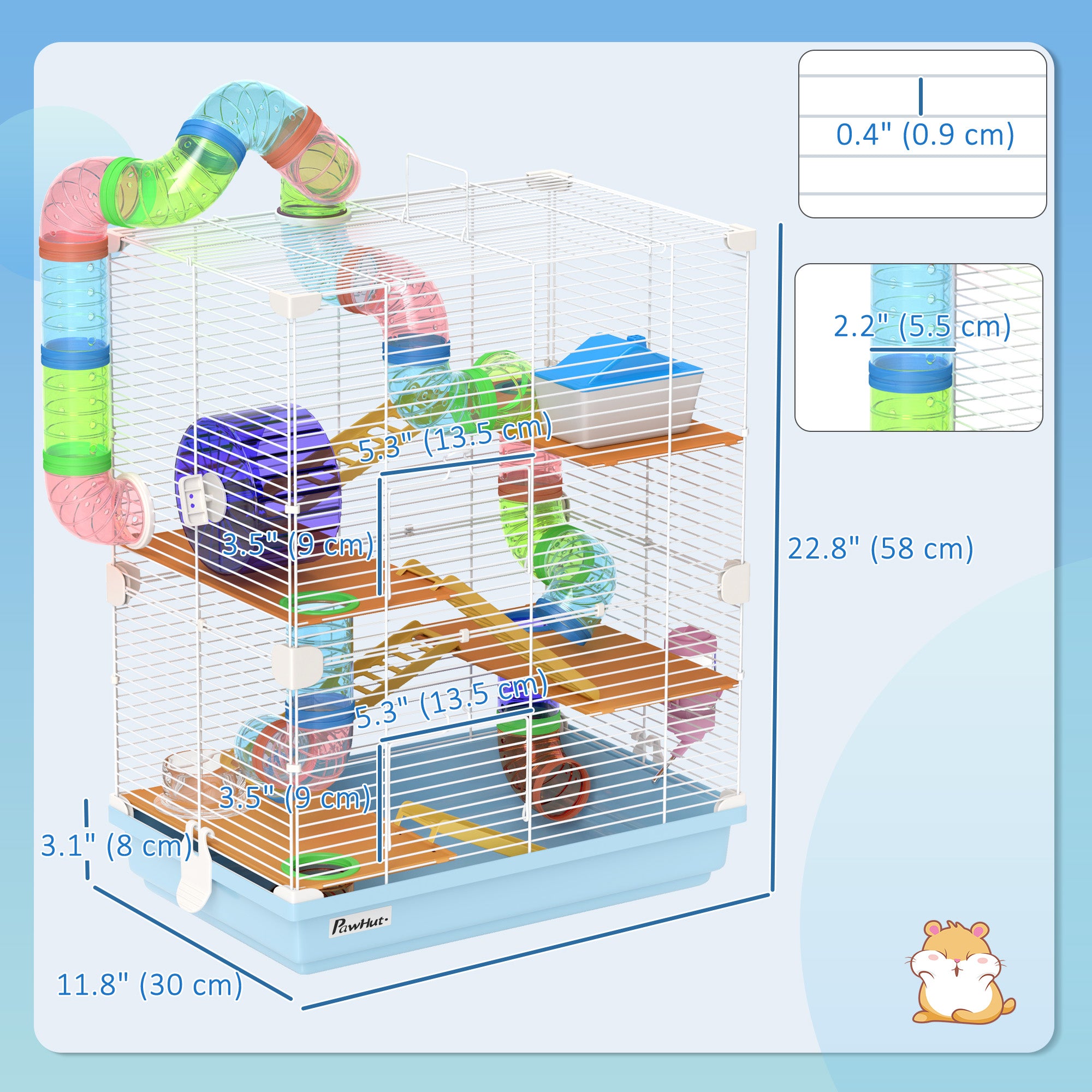 PawHut 5 Tiers Hamster Cage Portable Animal Travel Carrier Habitat with Exercise Wheels Play Tube Water Bottle Dishes House Ladder for Gerbils, Light Blue