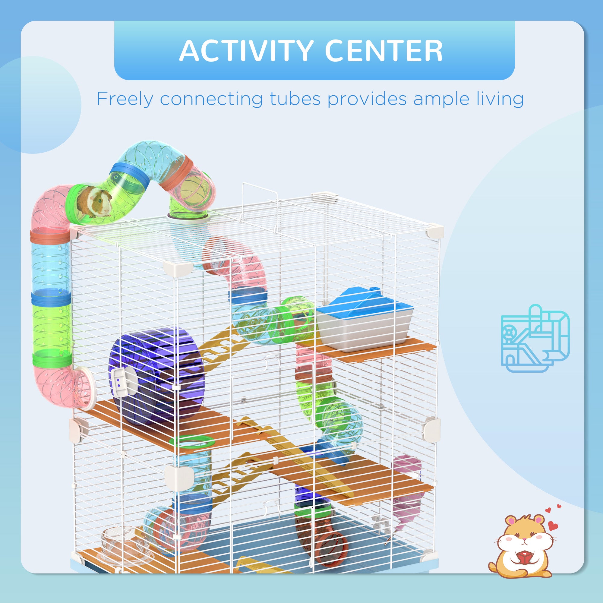 PawHut 5 Tiers Hamster Cage Portable Animal Travel Carrier Habitat with Exercise Wheels Play Tube Water Bottle Dishes House Ladder for Gerbils, Light Blue