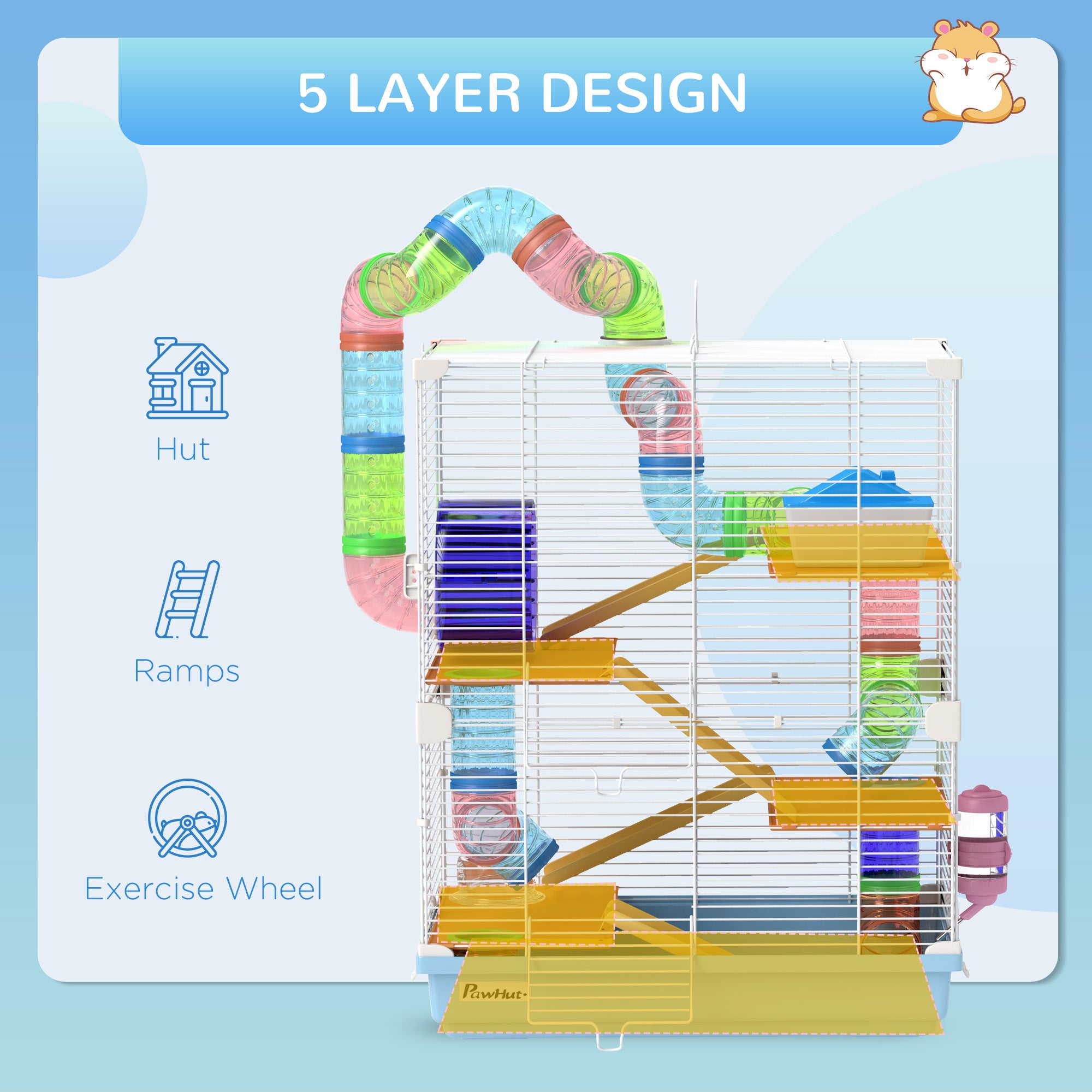 PawHut 5 Tiers Hamster Cage Portable Animal Travel Carrier Habitat with Exercise Wheels Play Tube Water Bottle Dishes House Ladder for Gerbils, Light Blue
