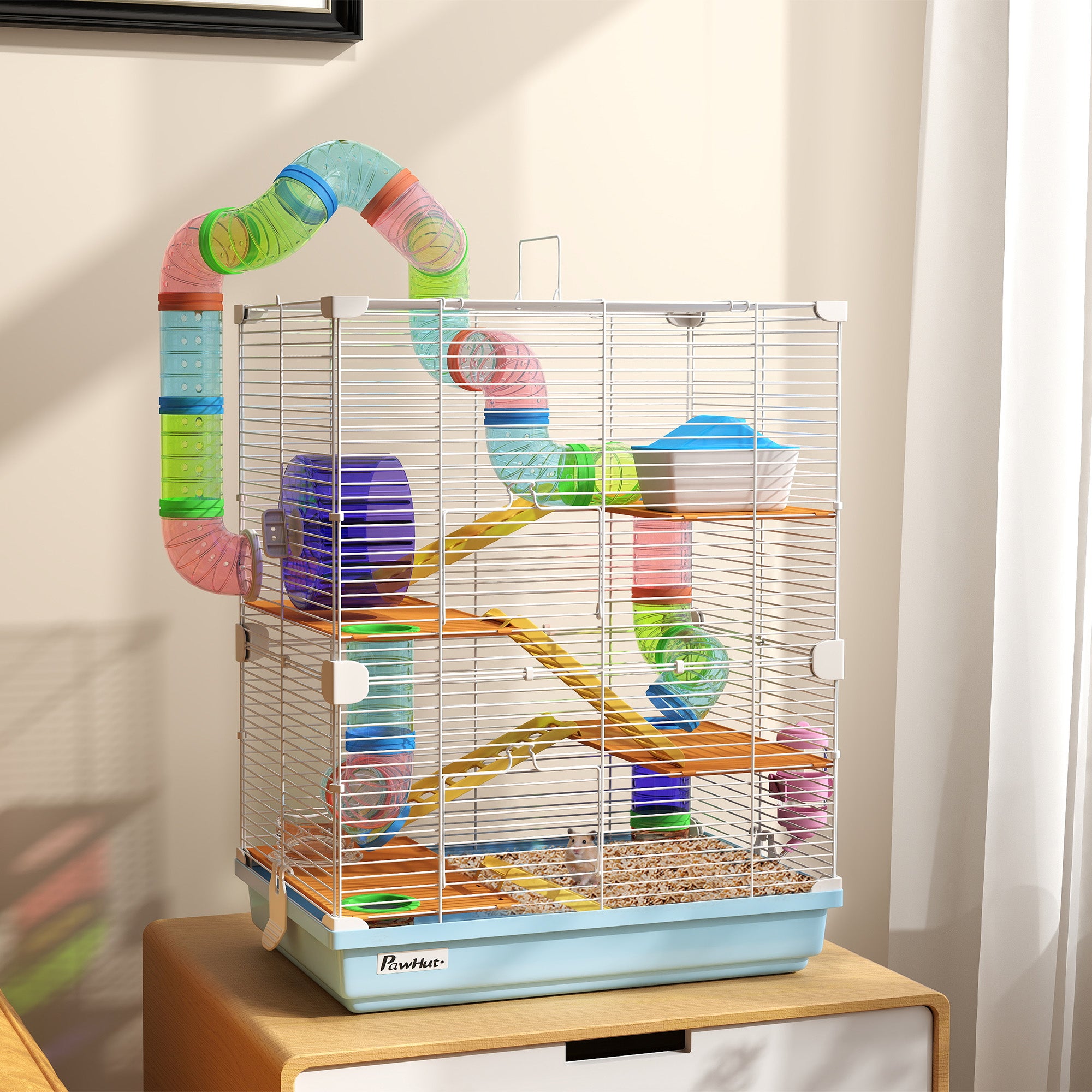 PawHut 5 Tiers Hamster Cage Portable Animal Travel Carrier Habitat with Exercise Wheels Play Tube Water Bottle Dishes House Ladder for Gerbils, Light Blue
