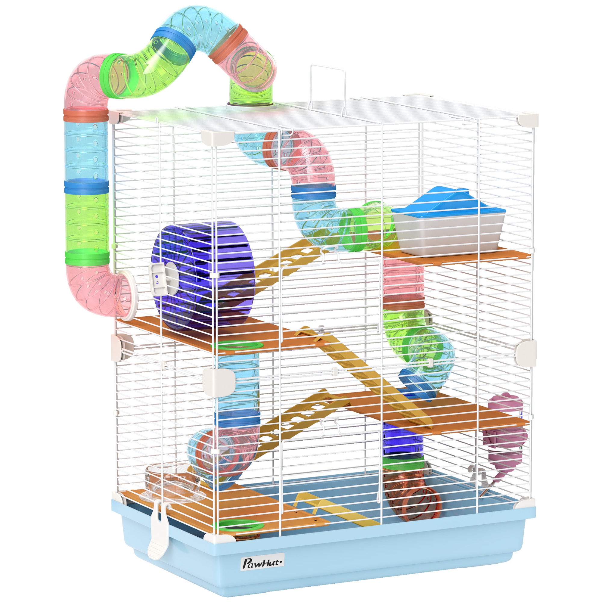 PawHut 5 Tiers Hamster Cage Portable Animal Travel Carrier Habitat with Exercise Wheels Play Tube Water Bottle Dishes House Ladder for Gerbils, Light Blue
