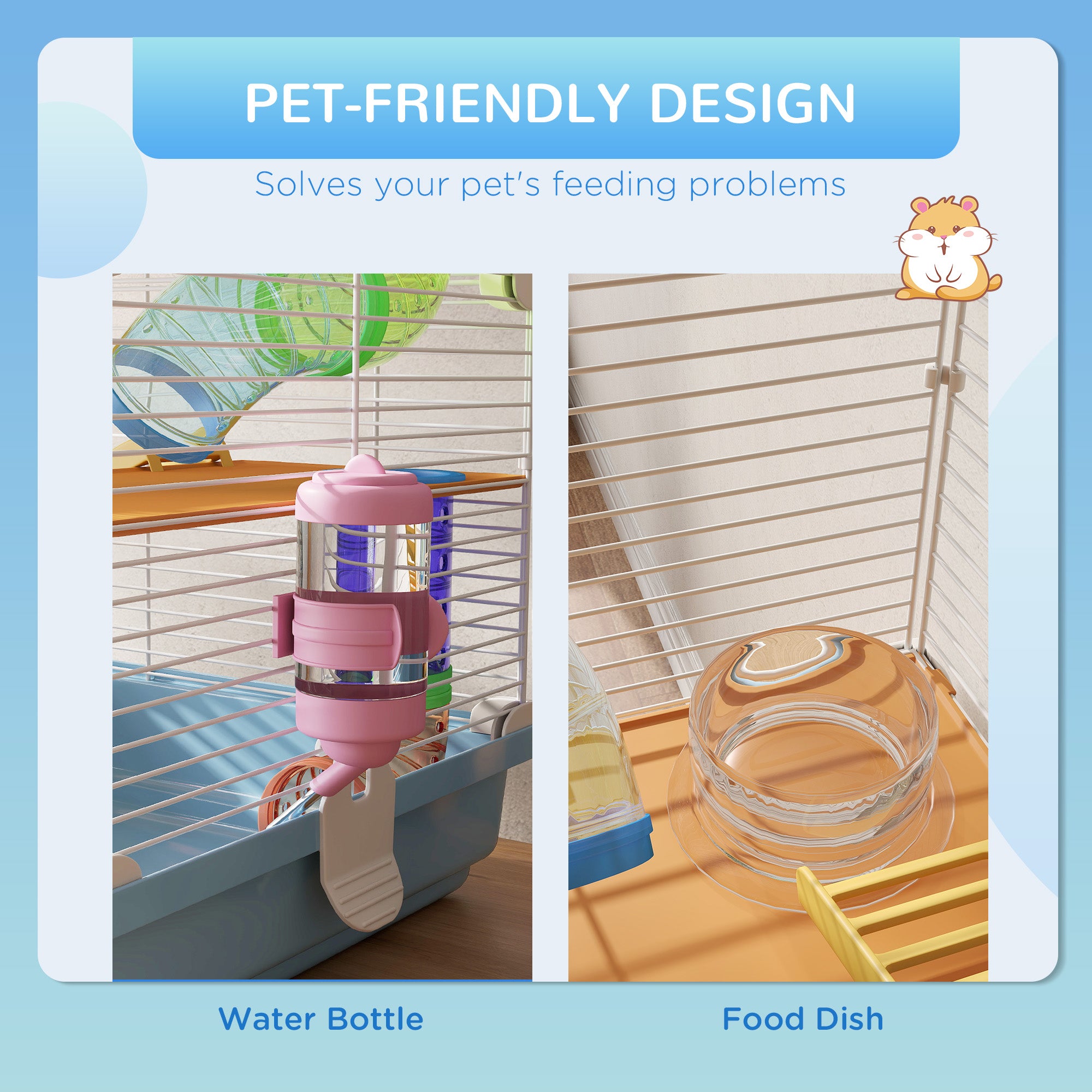 PawHut 5 Tiers Hamster Cage Portable Animal Travel Carrier Habitat with Exercise Wheels Play Tube Water Bottle Dishes House Ladder for Gerbils, Light Blue