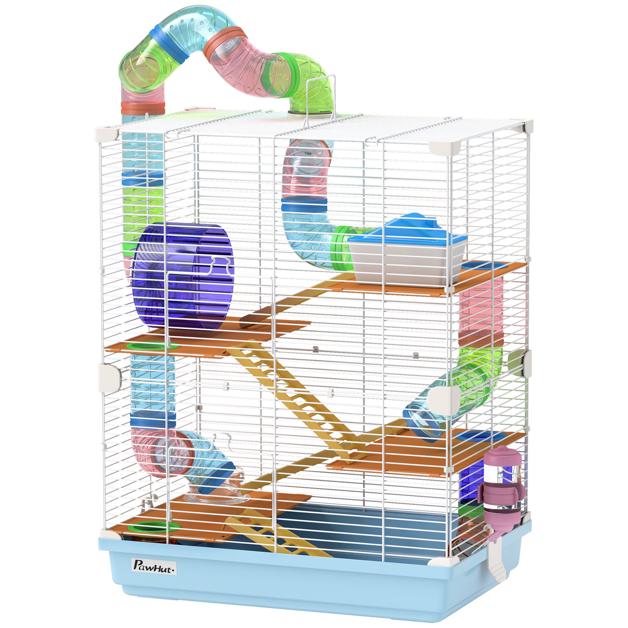 Pawhut 5 Tier Hamster Cage, Gerbil Cage with Tube Exercise Wheels, Tunnel, Water Bottle, Dishes, 58H x 46L x 30Wcm, Light Blue