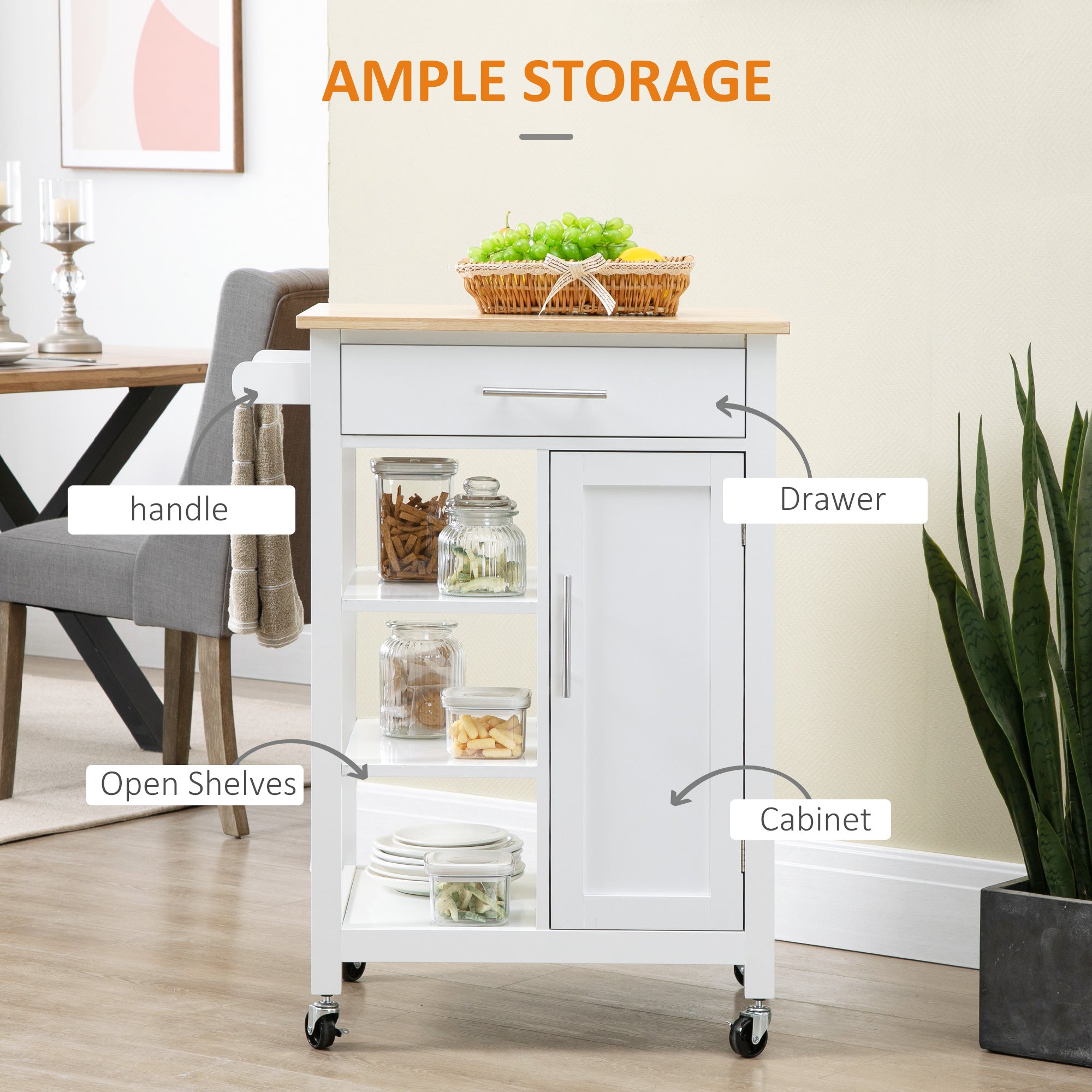 HOMCOM Kitchen Island, Compact Kitchen Cart on Wheels with Open Shelf & Storage Drawer for Dining Room, Kitchen, White