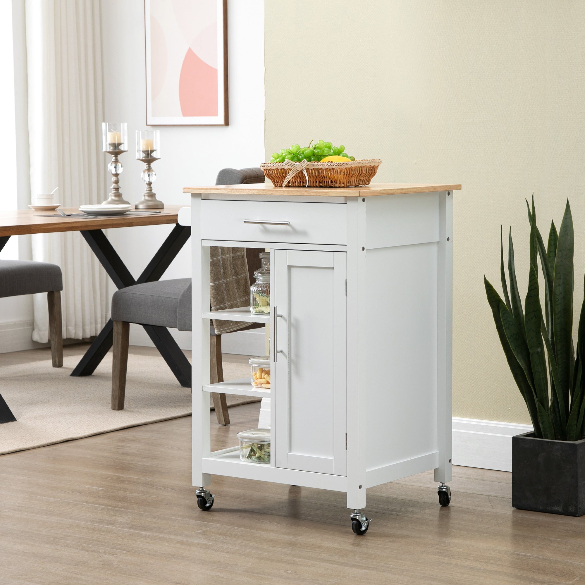 HOMCOM Kitchen Island, Compact Kitchen Cart on Wheels with Open Shelf & Storage Drawer for Dining Room, Kitchen, White