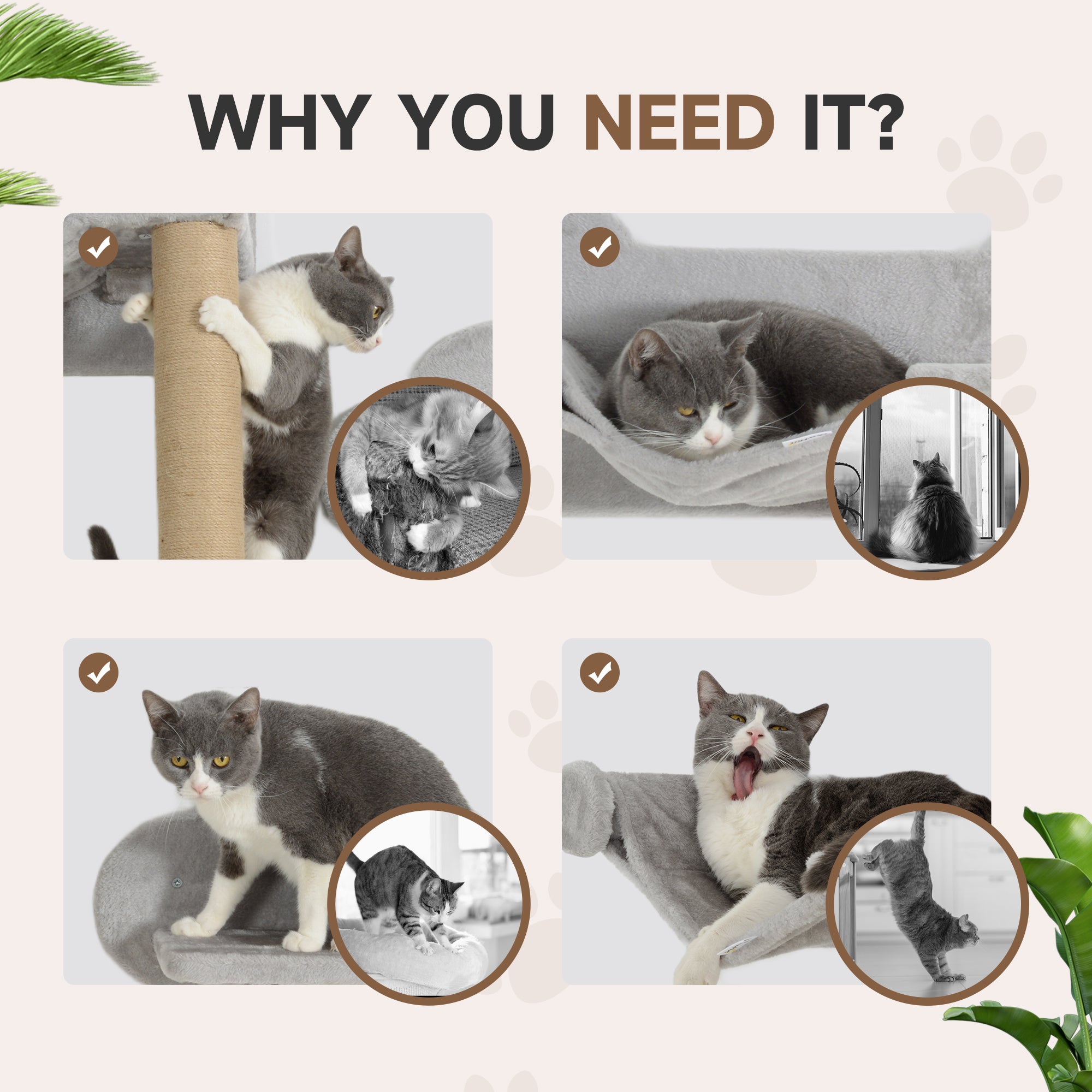 PawHut Cat Shelves, Four-Piece Cat Wall Furniture with Scratching Post, Steps, Jumping Platform, Ladder, Toy Balls, Cat Wall Shelves for Indoor Cats, Kittens, Light Grey