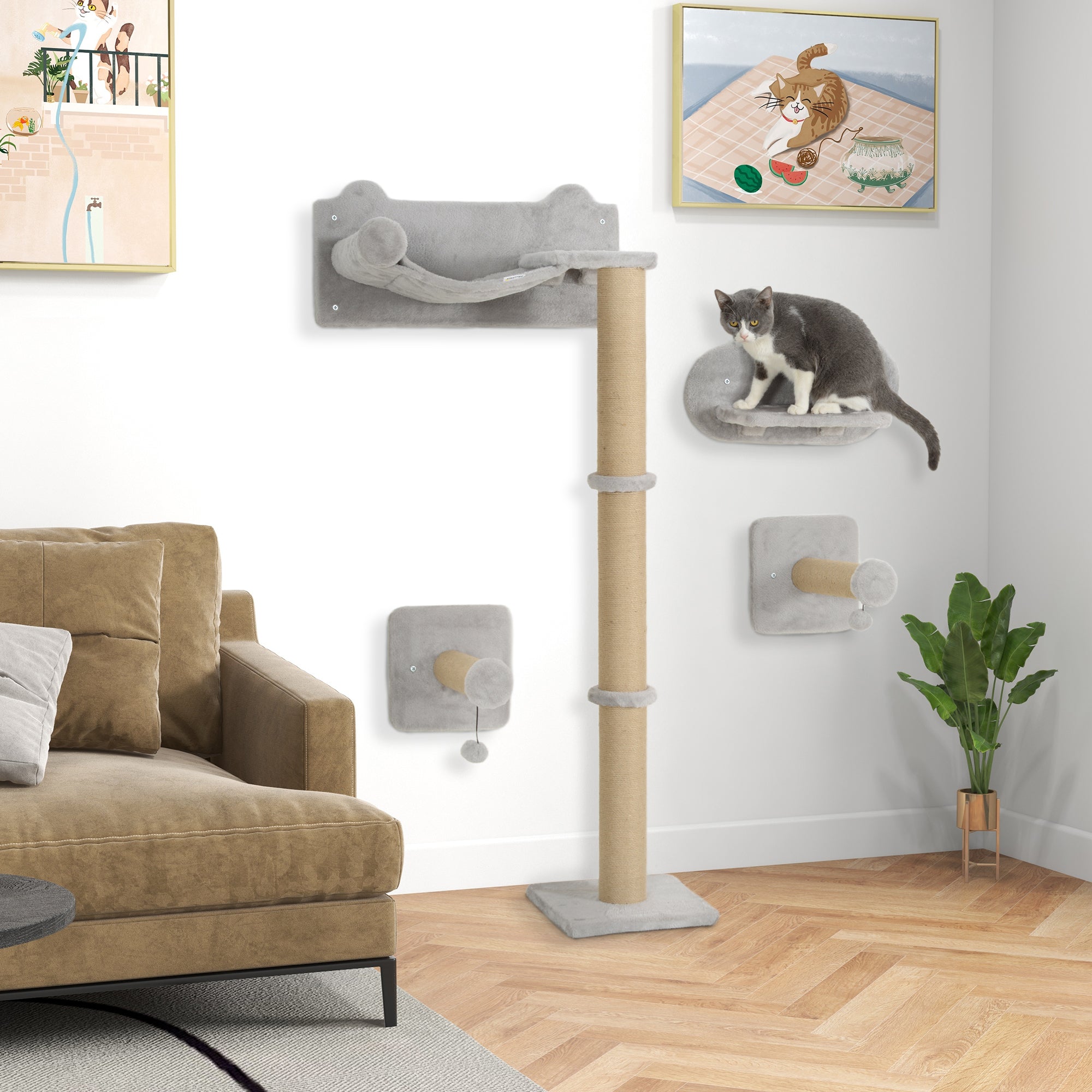 PawHut Cat Shelves, Four-Piece Cat Wall Furniture with Scratching Post, Steps, Jumping Platform, Ladder, Toy Balls, Cat Wall Shelves for Indoor Cats, Kittens, Light Grey