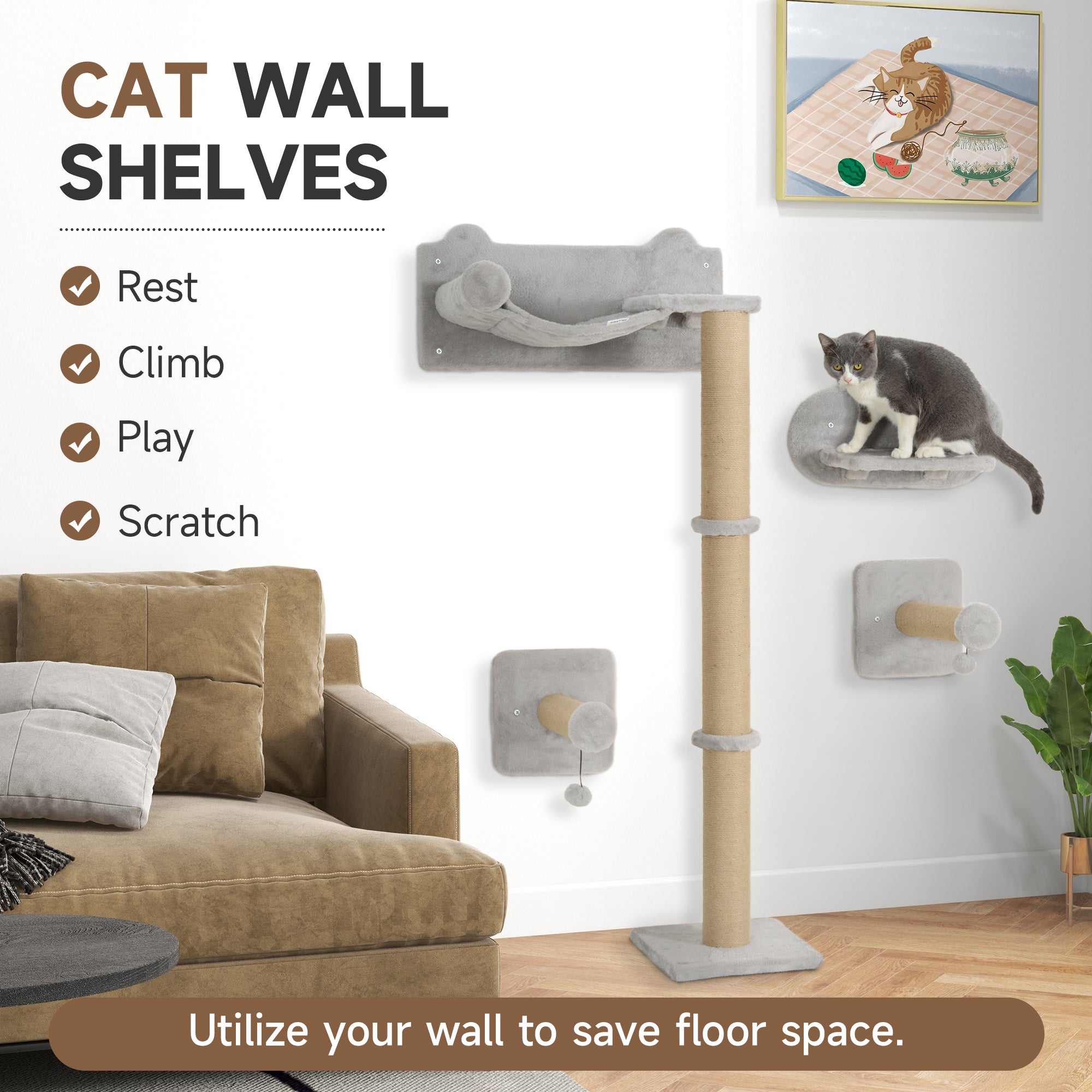 PawHut Cat Shelves, Four-Piece Cat Wall Furniture with Scratching Post, Steps, Jumping Platform, Ladder, Toy Balls, Cat Wall Shelves for Indoor Cats, Kittens, Light Grey