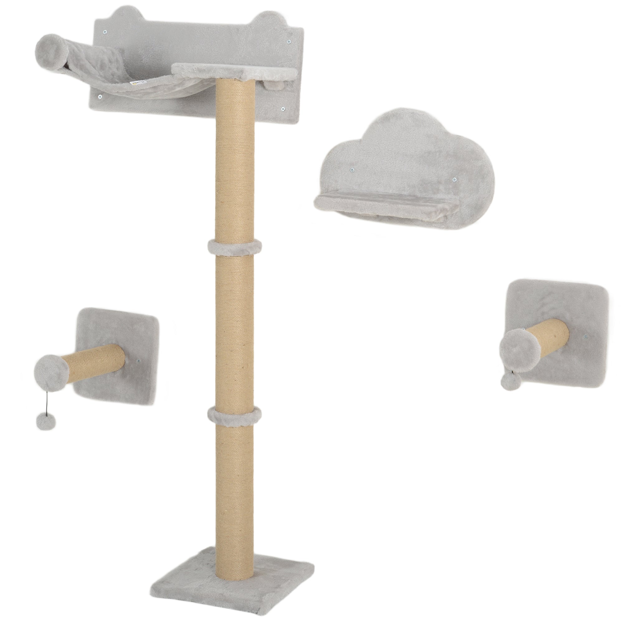 PawHut Cat Shelves, Four-Piece Cat Wall Furniture with Scratching Post, Steps, Jumping Platform, Ladder, Toy Balls, Cat Wall Shelves for Indoor Cats, Kittens, Light Grey