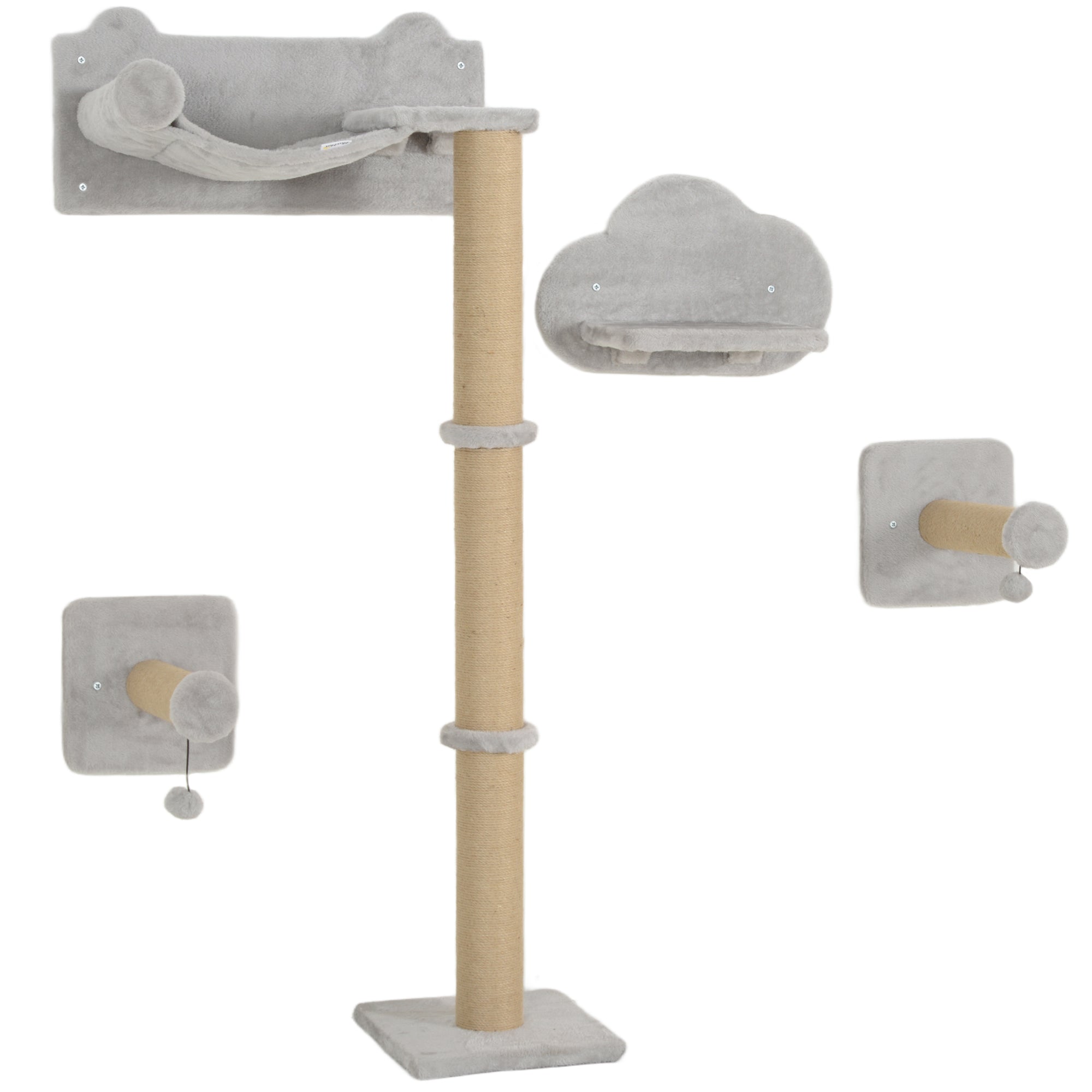 PawHut Cat Shelves, Four-Piece Cat Wall Furniture with Scratching Post, Steps, Jumping Platform, Ladder, Toy Balls, Cat Wall Shelves for Indoor Cats, Kittens, Light Grey