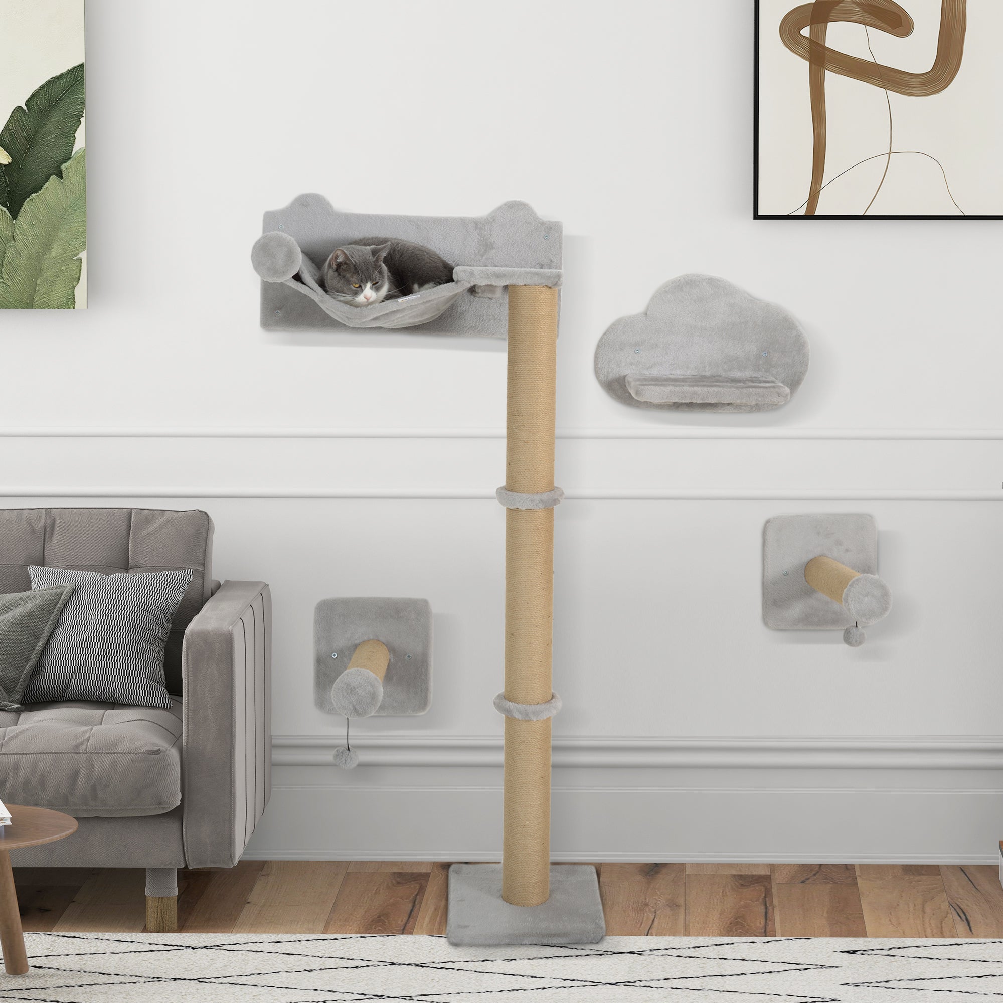 PawHut Cat Shelves, Four-Piece Cat Wall Furniture with Scratching Post, Steps, Jumping Platform, Ladder, Toy Balls, Cat Wall Shelves for Indoor Cats, Kittens, Light Grey