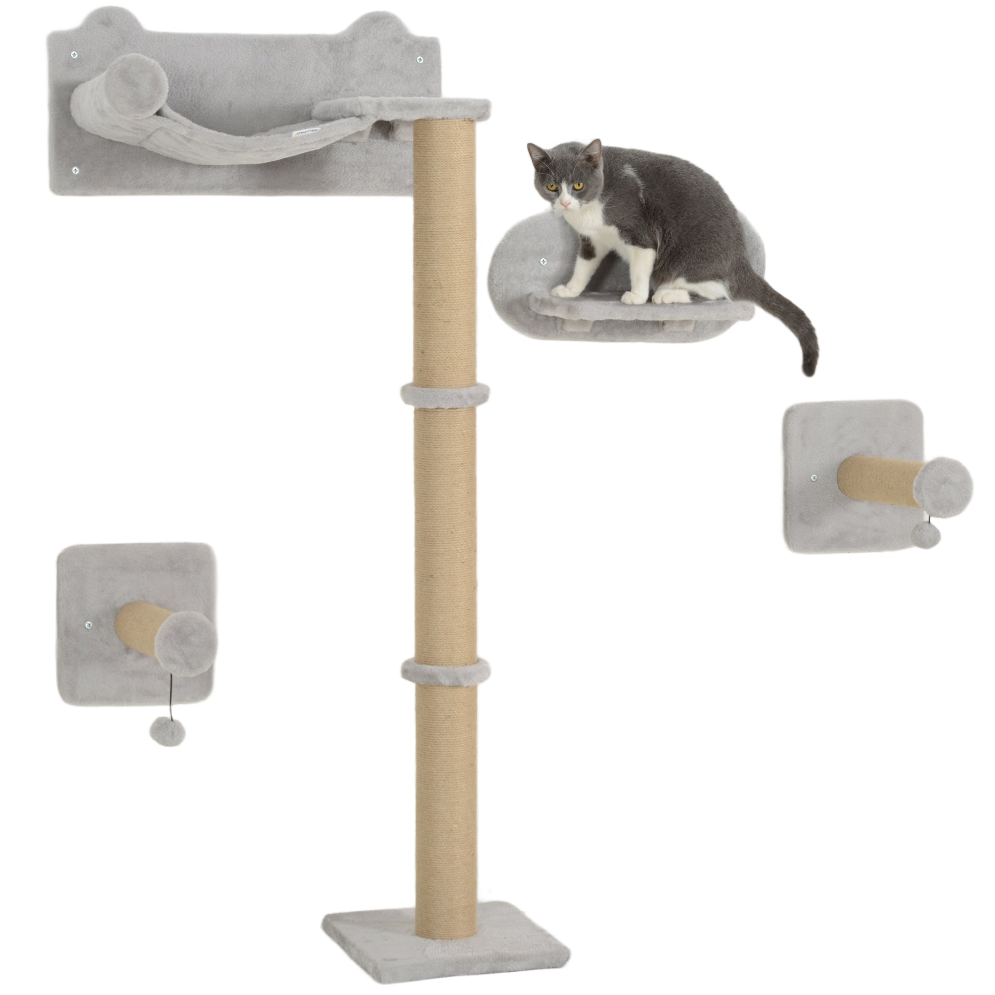 PawHut Cat Shelves, Four-Piece Cat Wall Furniture with Scratching Post, Steps, Jumping Platform, Ladder, Toy Balls, Cat Wall Shelves for Indoor Cats, Kittens, Light Grey