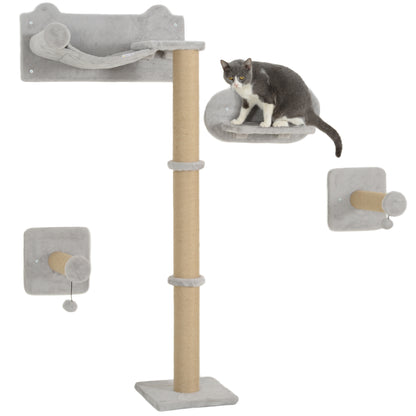 PawHut Cat Shelves, Four-Piece Cat Wall Furniture with Scratching Post, Steps, Jumping Platform, Ladder, Toy Balls, Cat Wall Shelves for Indoor Cats, Kittens, Light Grey