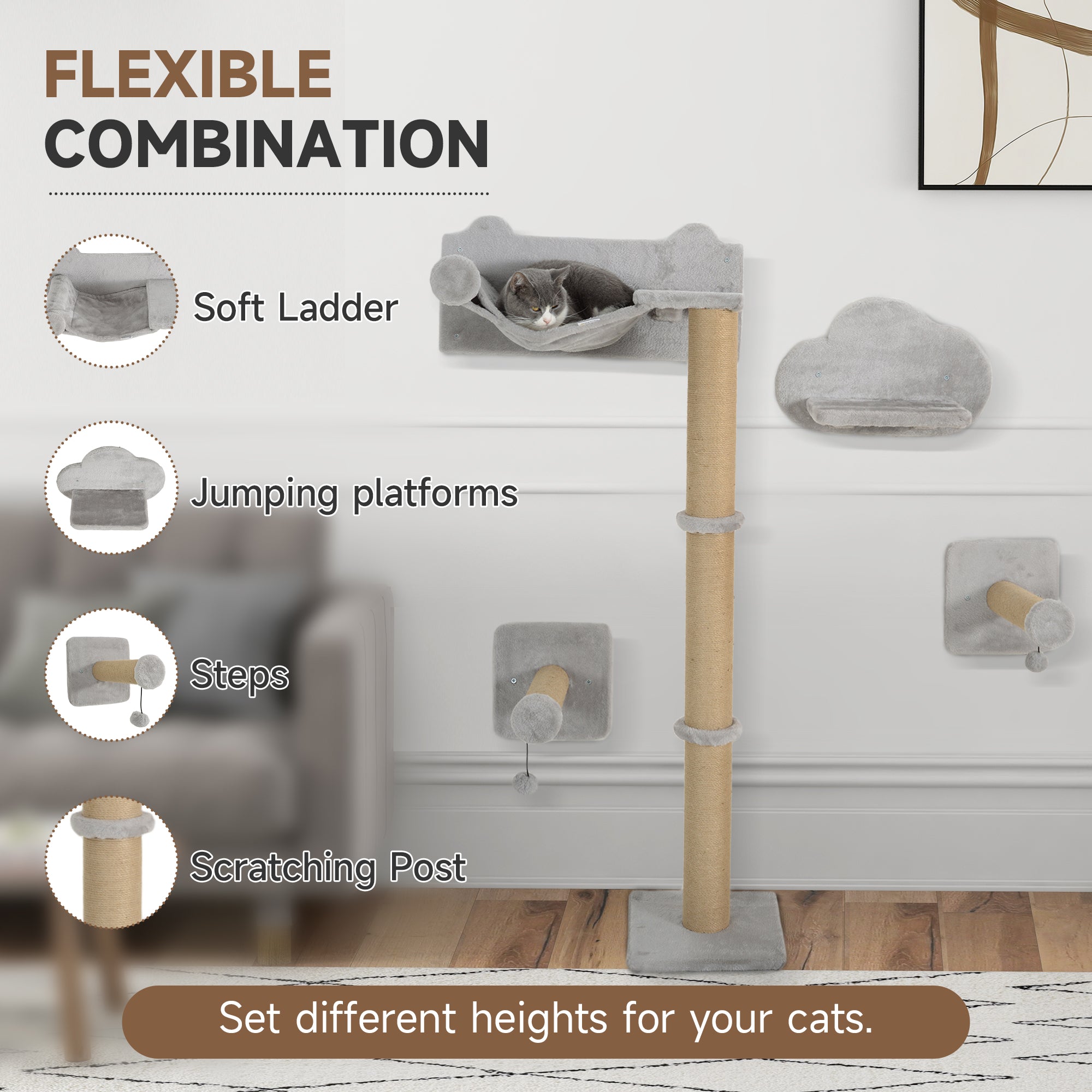 PawHut Cat Shelves, Four-Piece Cat Wall Furniture with Scratching Post, Steps, Jumping Platform, Ladder, Toy Balls, Cat Wall Shelves for Indoor Cats, Kittens, Light Grey