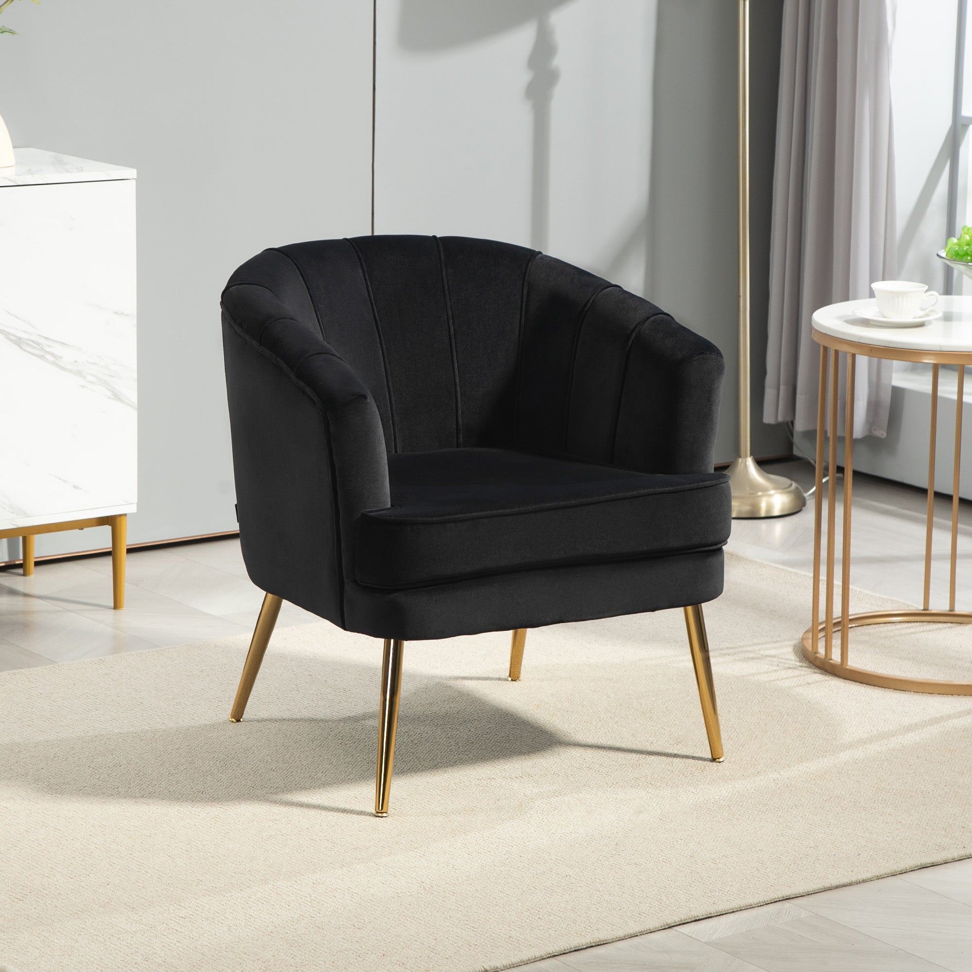 HOMCOM Fabric Accent Chair, Velvet Armchair, Modern Living Room Chair with Gold Metal Legs and Thick Padding for Bedroom, Black