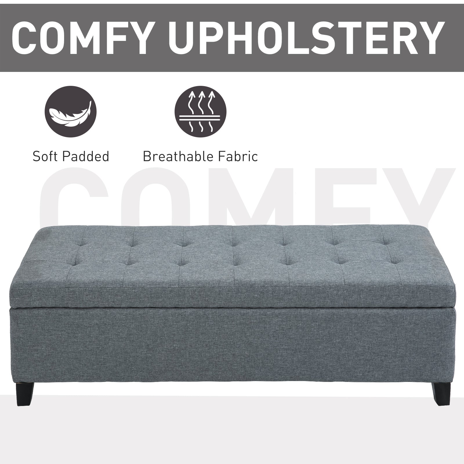 HOMCOM Large 50" Rectangular Storage Ottoman Bench, Tufted Upholstered Linen Fabric Wood Feet Entry Bench, Contemporary Home Decor Grey