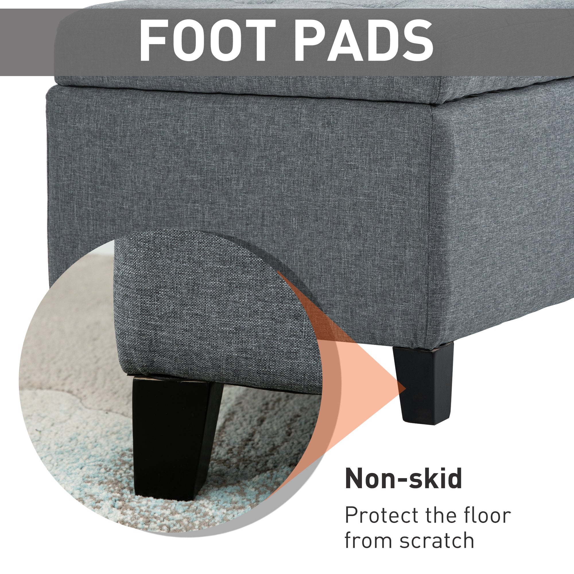 HOMCOM Large 50" Rectangular Storage Ottoman Bench, Tufted Upholstered Linen Fabric Wood Feet Entry Bench, Contemporary Home Decor Grey