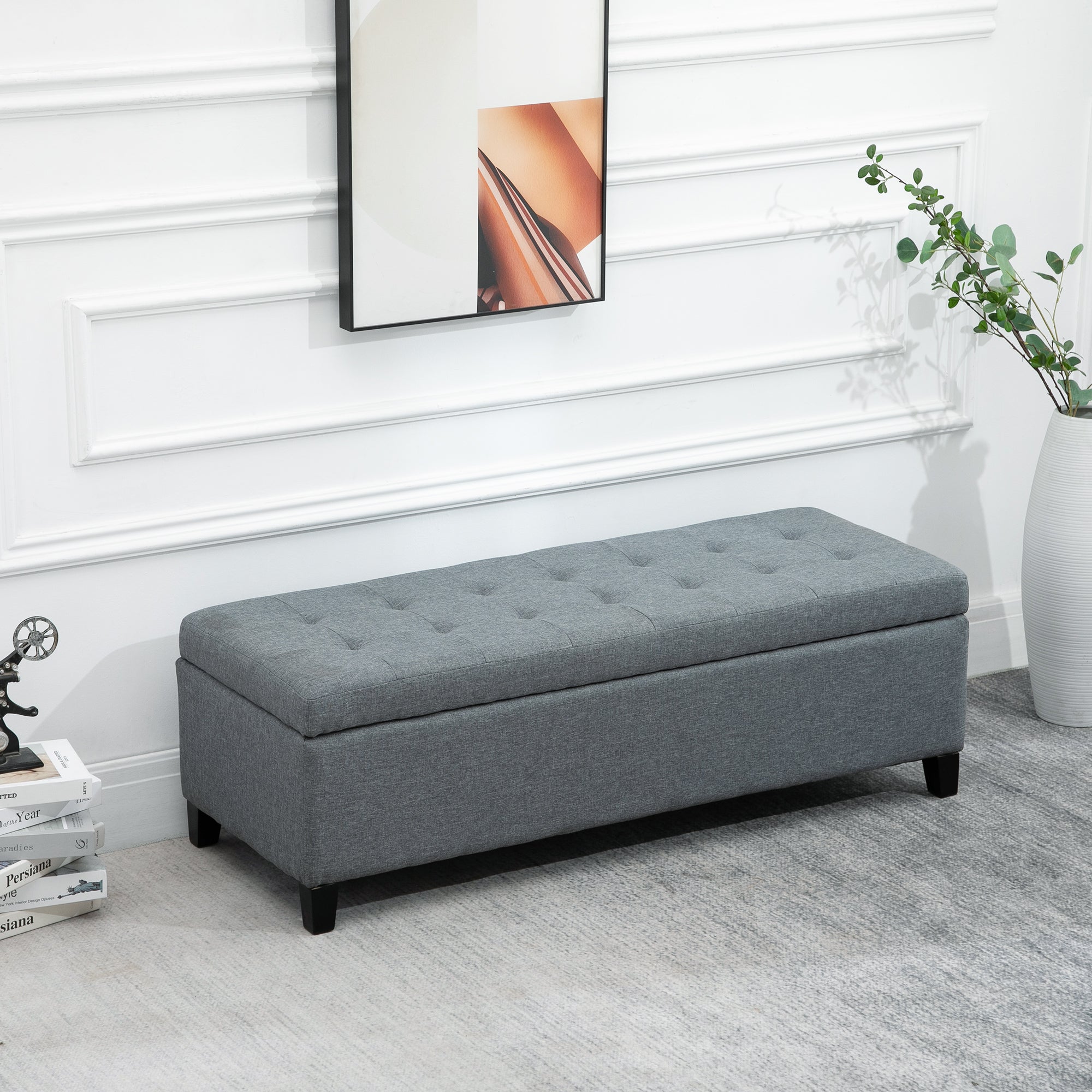 HOMCOM Large 50" Rectangular Storage Ottoman Bench, Tufted Upholstered Linen Fabric Wood Feet Entry Bench, Contemporary Home Decor Grey