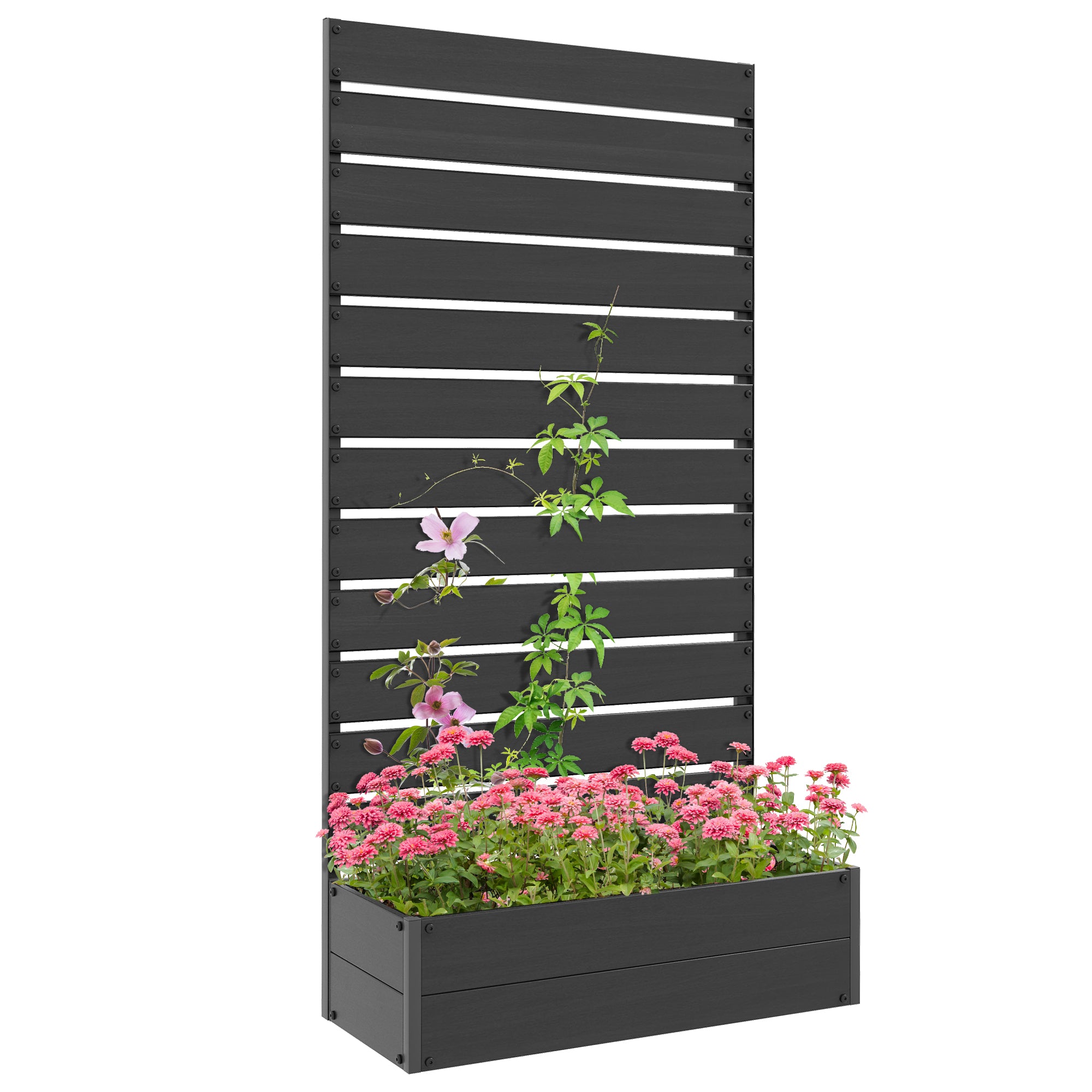 Outsunny Raised Garden Bed with Trellis for Climbing Plants, Planter Box with Self Draining Gap, Freestanding Trellis Planter for Outdoor, Patio, Deck, 35.75" x 15" x 70.75", Black
