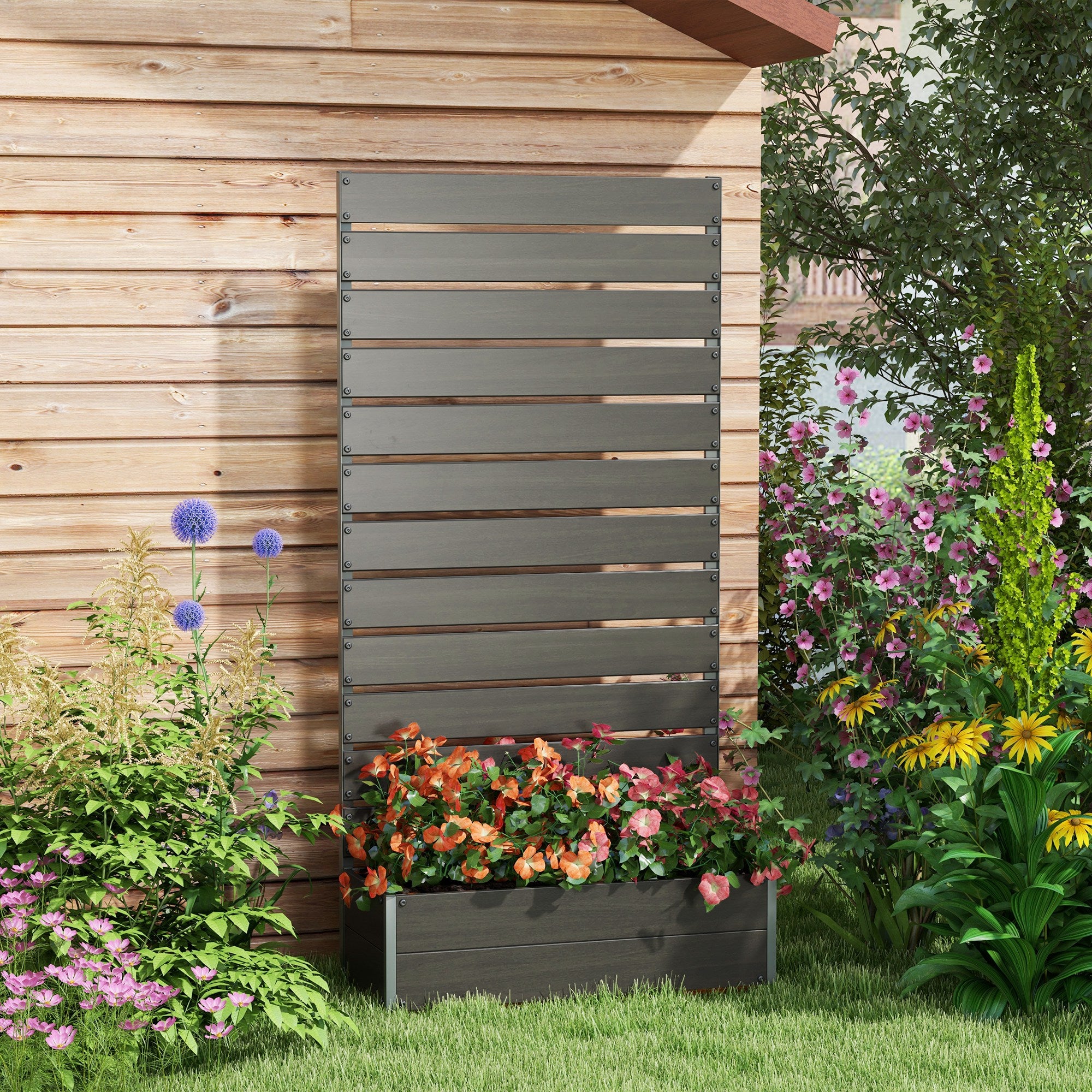 Outsunny Raised Garden Bed with Trellis for Climbing Plants, Planter Box with Self Draining Gap, Freestanding Trellis Planter for Outdoor, Patio, Deck, 35.75" x 15" x 70.75", Black