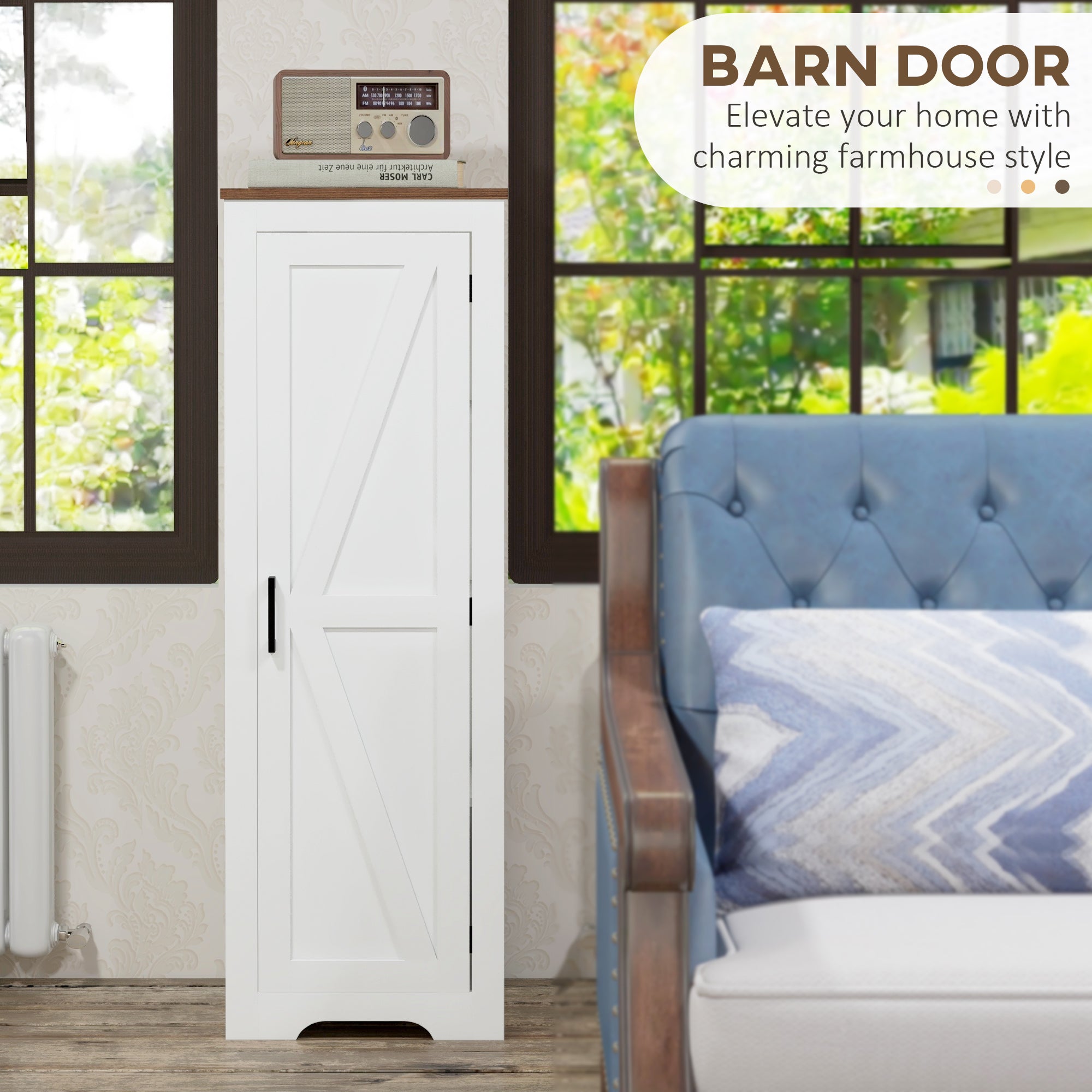 HOMCOM Farmhouse Storage Cabinet with Adjustable Shelf, Single Barn Door Accent Cabinet, Floor Pantry Cabinet, White