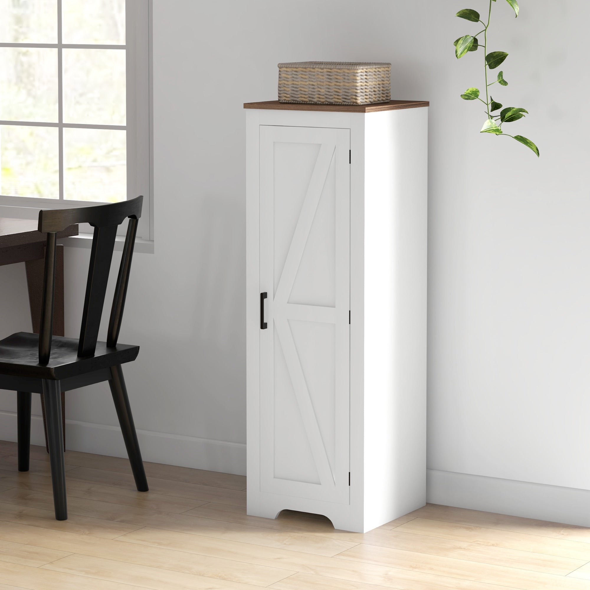 HOMCOM Farmhouse Storage Cabinet with Adjustable Shelf, Single Barn Door Accent Cabinet, Floor Pantry Cabinet, White