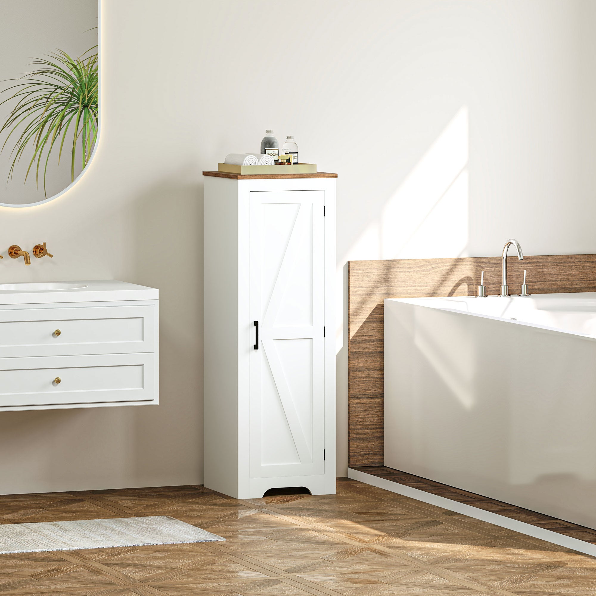 HOMCOM Farmhouse Storage Cabinet with Adjustable Shelf, Single Barn Door Accent Cabinet, Floor Pantry Cabinet, White