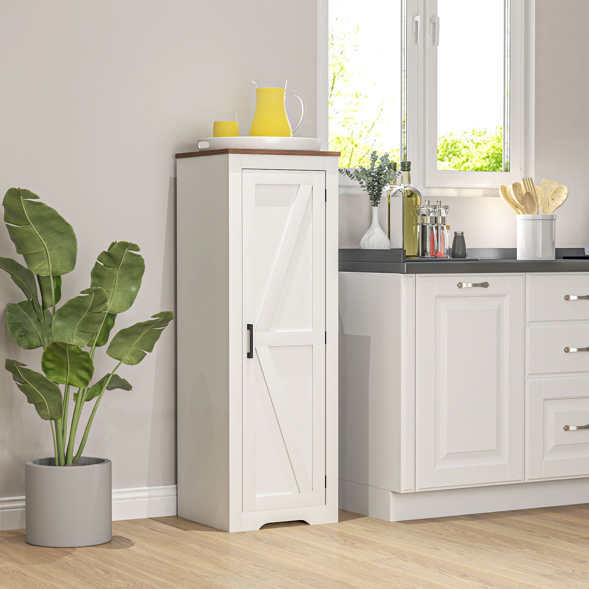HOMCOM Farmhouse Storage Cabinet with Adjustable Shelf, Single Barn Door Accent Cabinet, Floor Pantry Cabinet, White